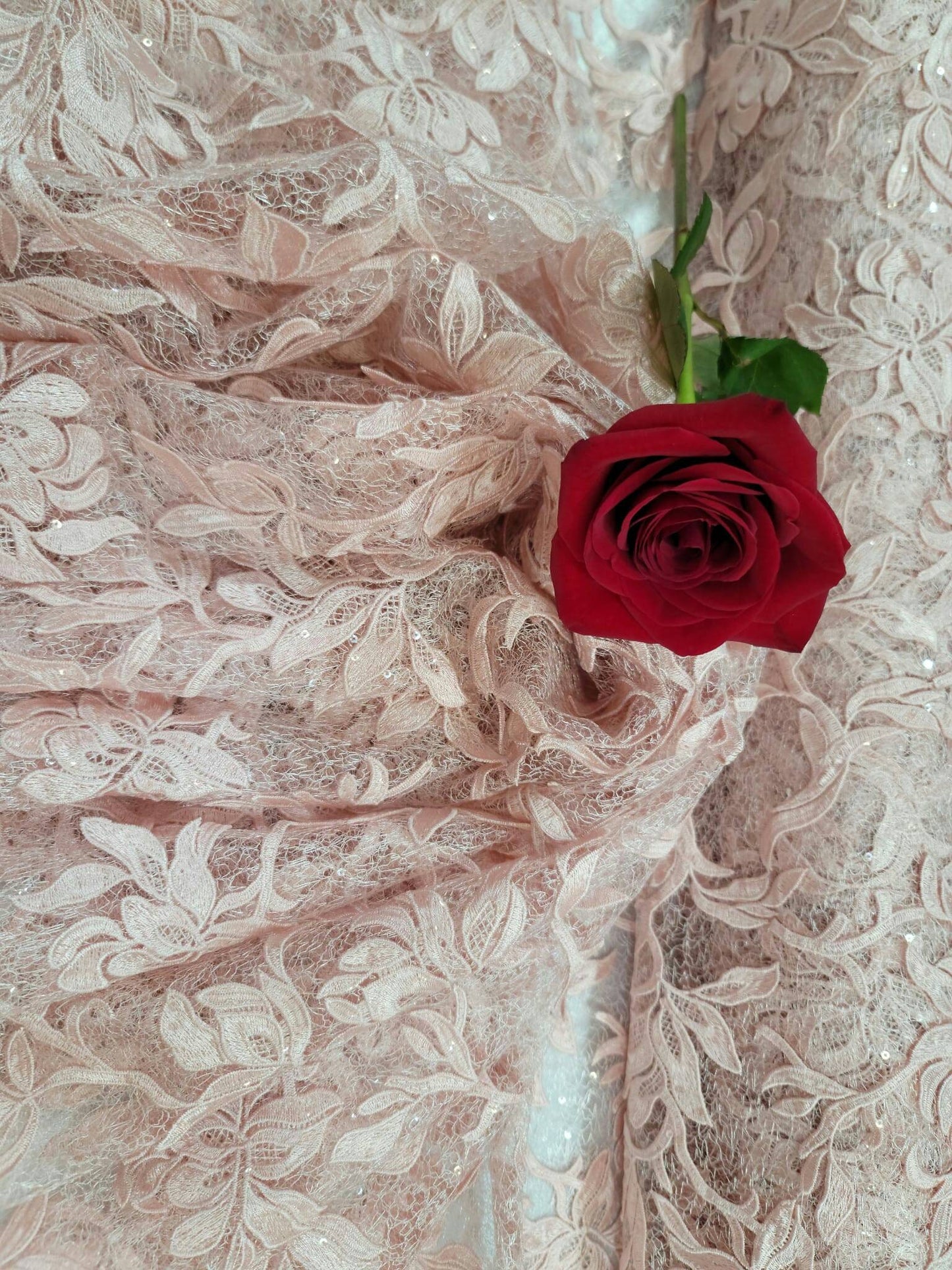 Blush Embroidery Lace Guipure Floral Flowers Clear Sequin On Mesh Fabric - Sold By The Yard - Clothing Dress Bridal Evening Gown Quinceañera Prom