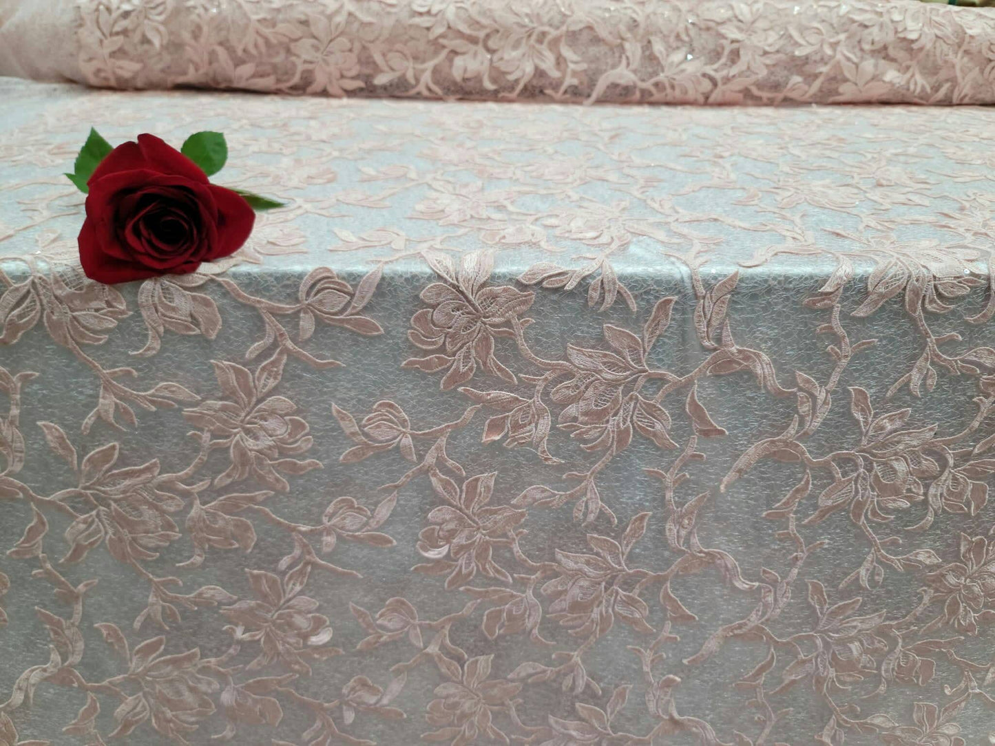 Blush Embroidery Lace Guipure Floral Flowers Clear Sequin On Mesh Fabric - Sold By The Yard - Clothing Dress Bridal Evening Gown Quinceañera Prom