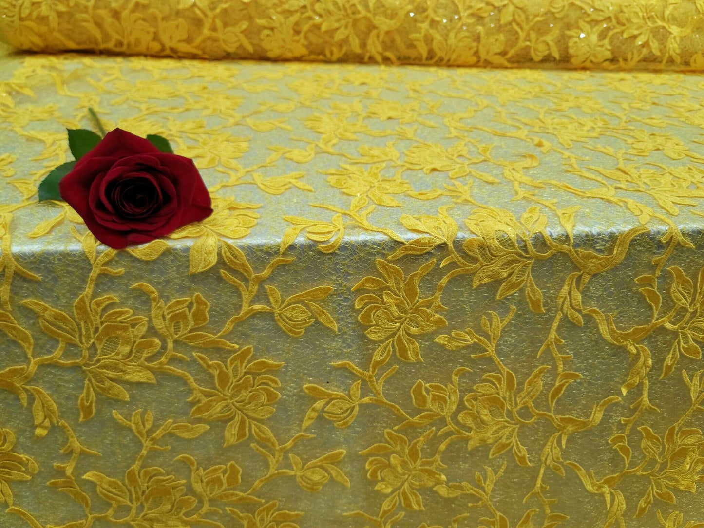 Yellow Embroidery Lace Guipure Floral Flowers Clear Sequin On Mesh Fabric Sold By The Yard Gown Quinceañera Bridal Evening Dress