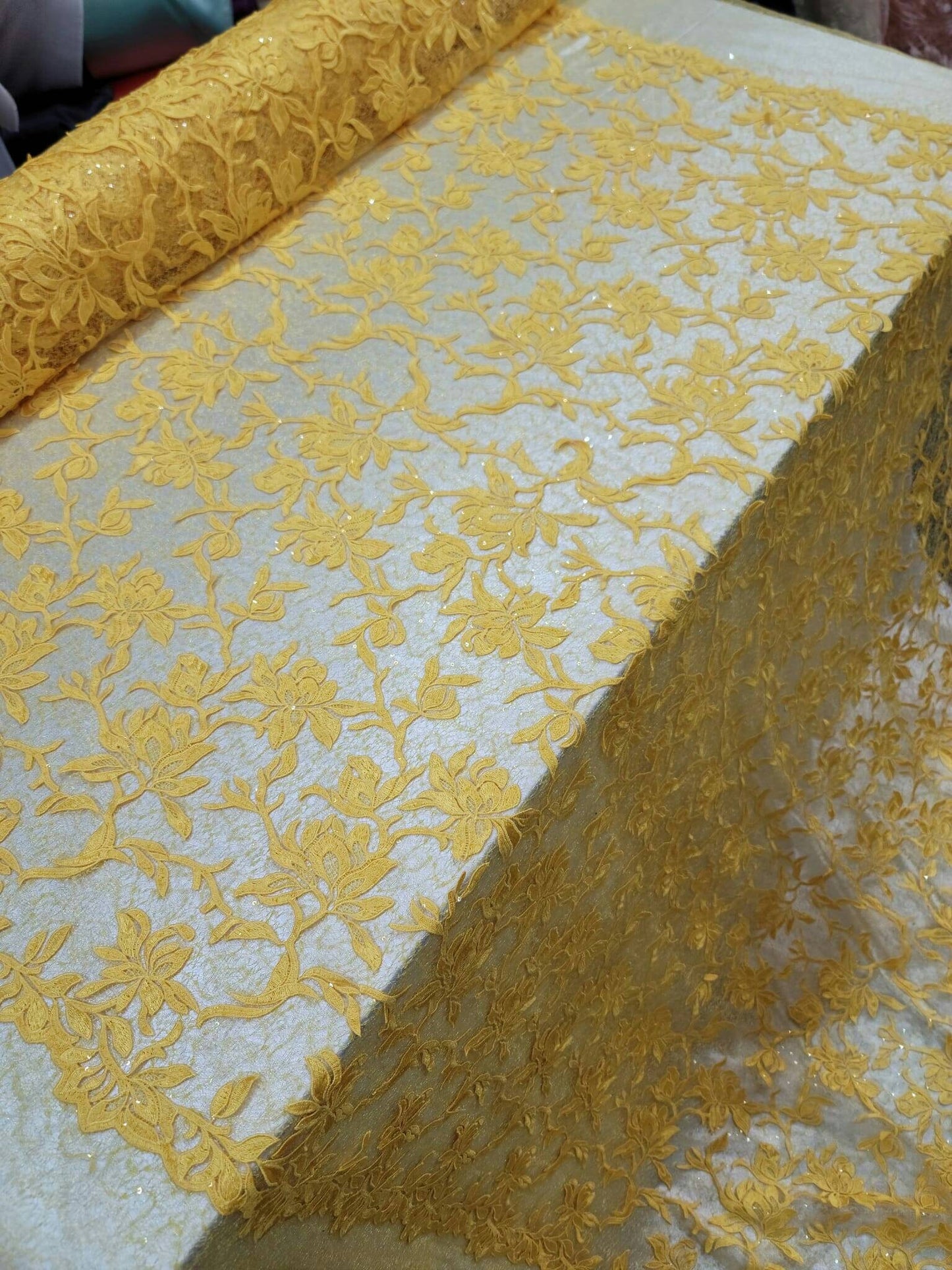 Yellow Embroidery Lace Guipure Floral Flowers Clear Sequin On Mesh Fabric Sold By The Yard Gown Quinceañera Bridal Evening Dress