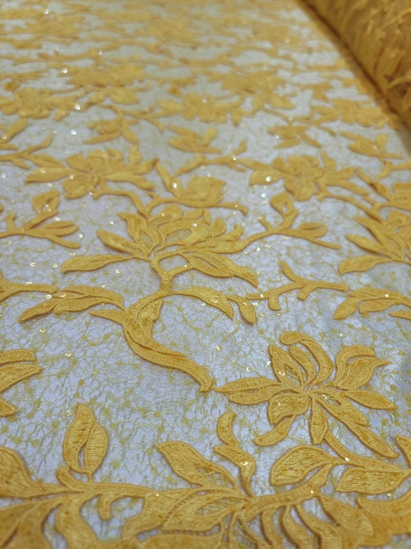 Yellow Embroidery Lace Guipure Floral Flowers Clear Sequin On Mesh Fabric Sold By The Yard Gown Quinceañera Bridal Evening Dress