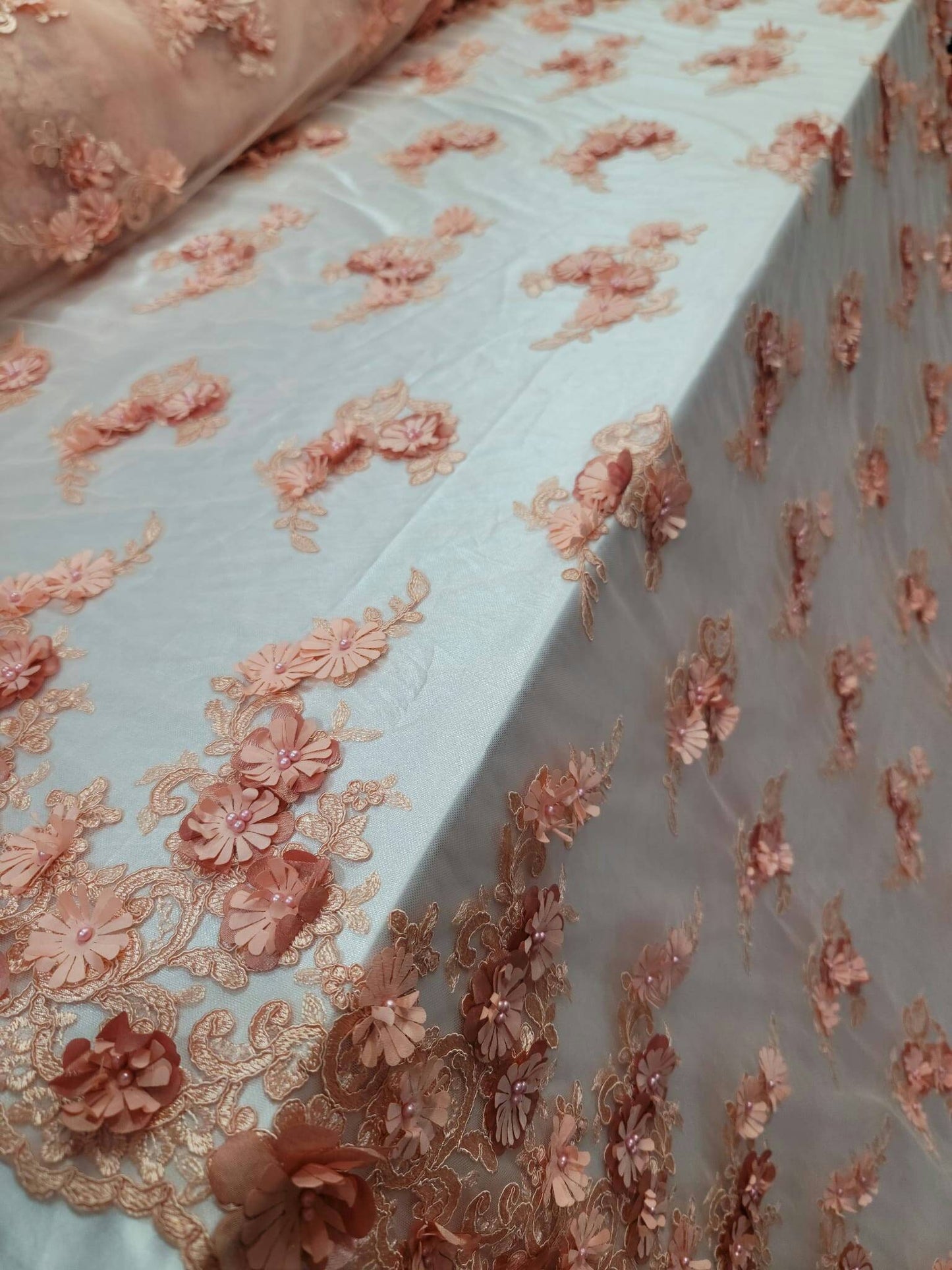 Peach Lace Fabric By The Yard Beaded Lace 3d Floral Flowers Embroidered on Mesh Quinceañera Bridal Fashion Sweet Sixteen Prom