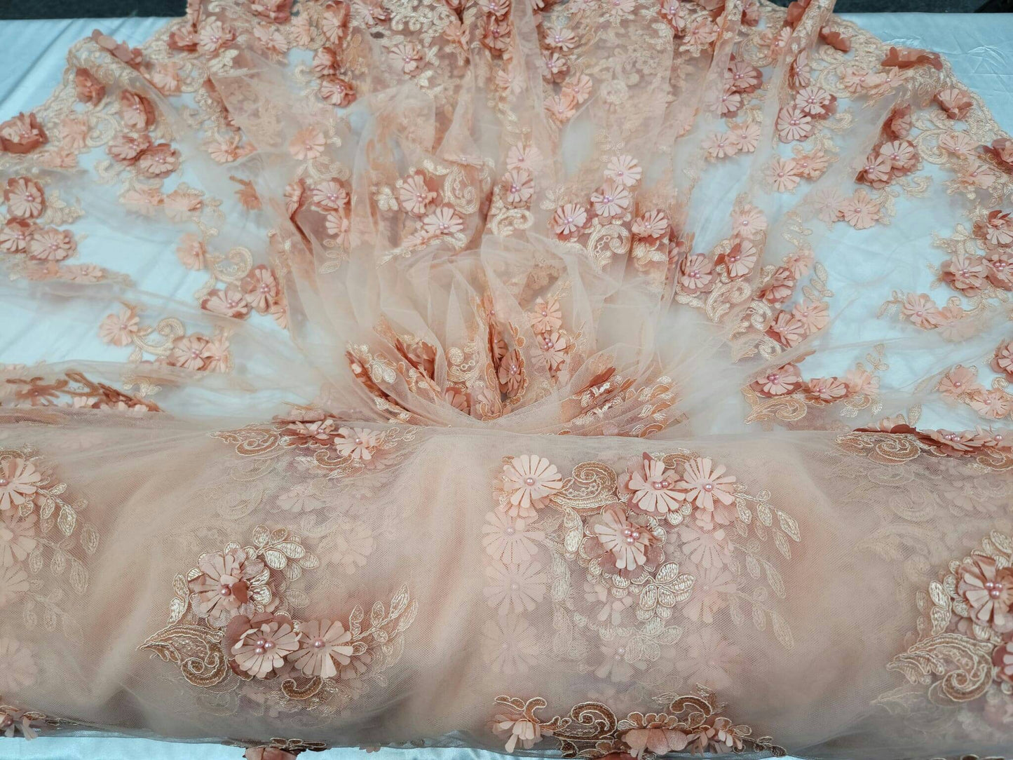 Peach Lace Fabric By The Yard Beaded Lace 3d Floral Flowers Embroidered on Mesh Quinceañera Bridal Fashion Sweet Sixteen Prom