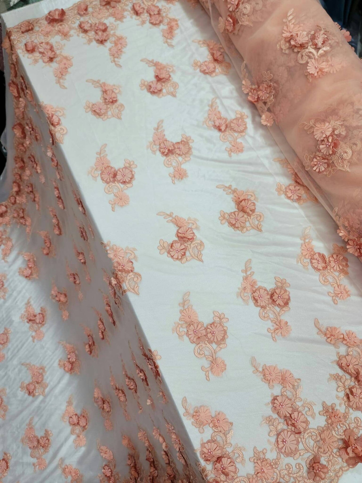 Peach Lace Fabric By The Yard Beaded Lace 3d Floral Flowers Embroidered on Mesh Quinceañera Bridal Fashion Sweet Sixteen Prom