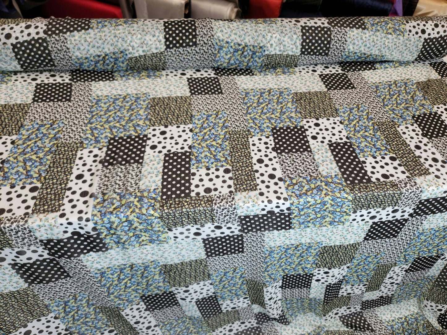 Chiffon Blue Black Floral Prom Fabric Sold by the Yard Squre Polka Dot Light Weight