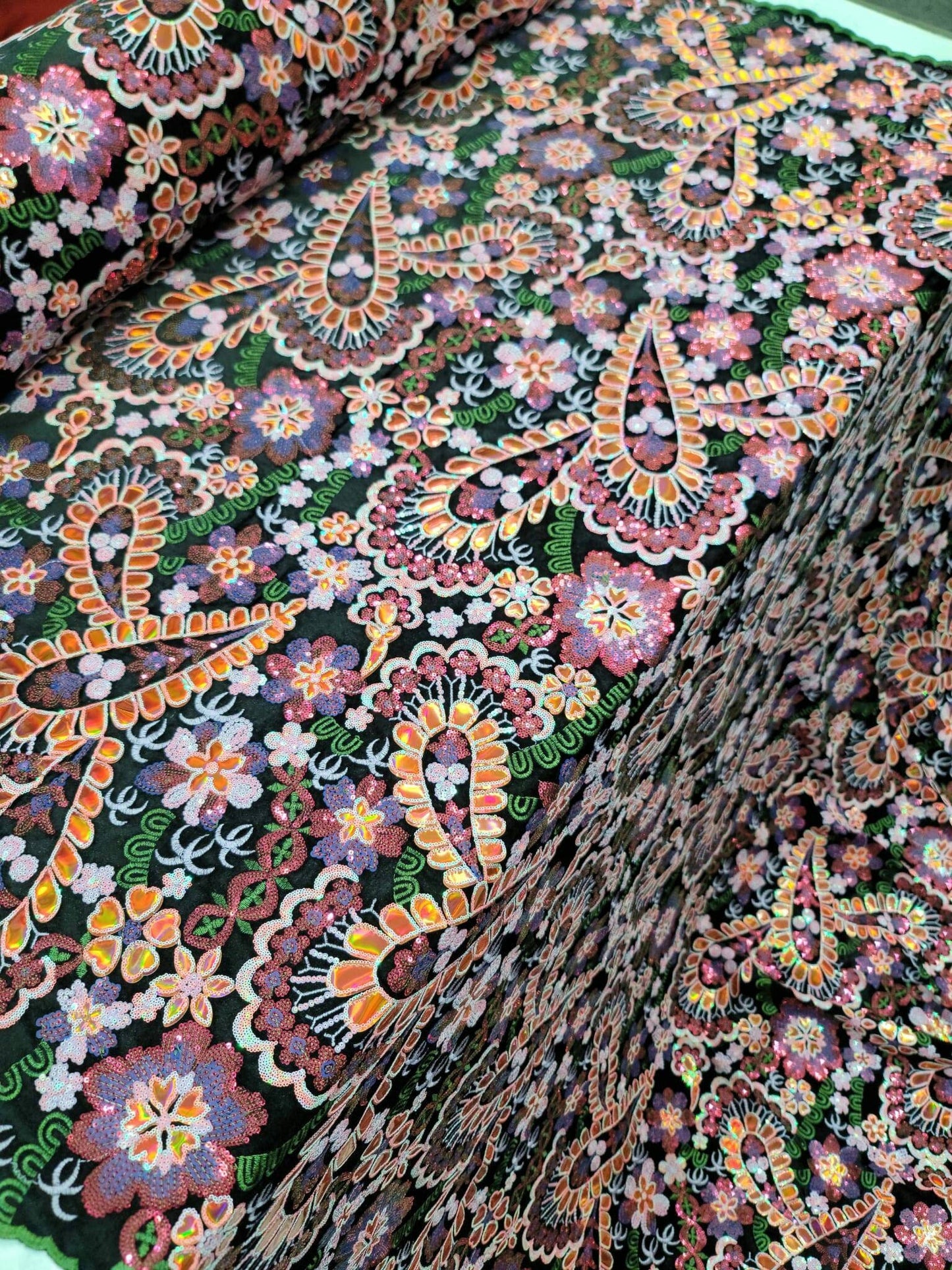 Orange Lace Embroidery Sequin Iridescent Multicolor Floral Flower On Black Velvet Bridal Evening Dress Prom Quinceañera Gown Terciopelo