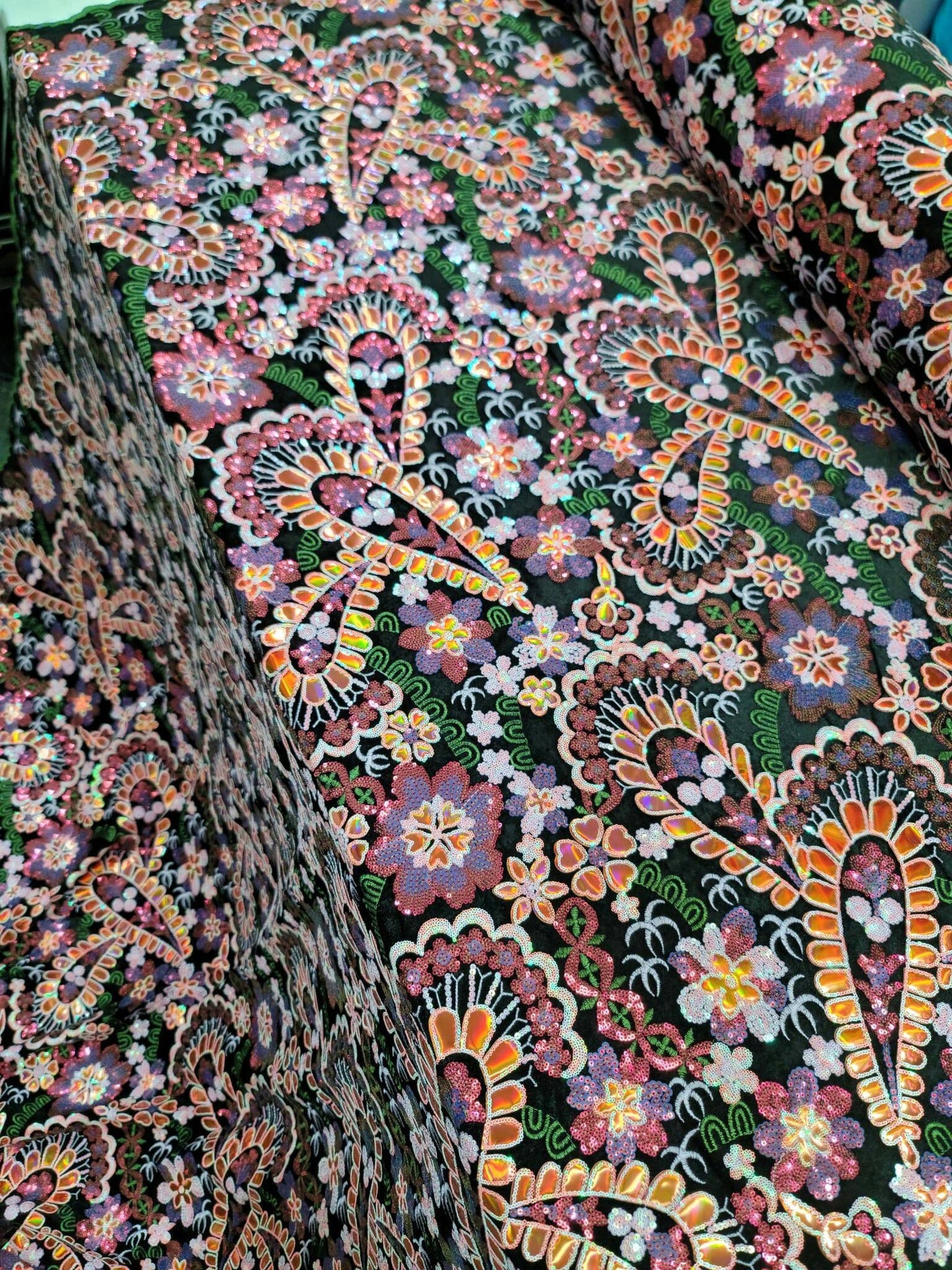 Orange Lace Embroidery Sequin Iridescent Multicolor Floral Flower On Black Velvet Bridal Evening Dress Prom Quinceañera Gown Terciopelo