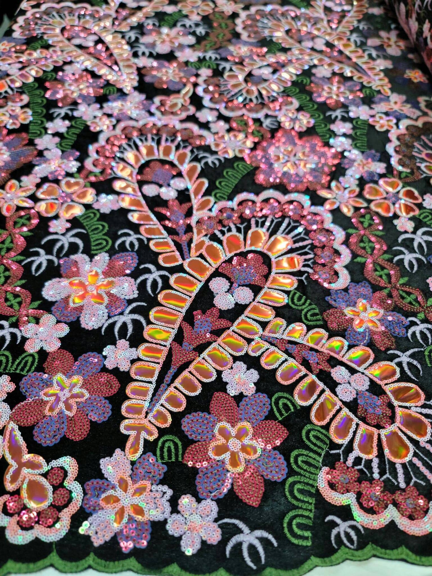 Orange Lace Embroidery Sequin Iridescent Multicolor Floral Flower On Black Velvet Bridal Evening Dress Prom Quinceañera Gown Terciopelo