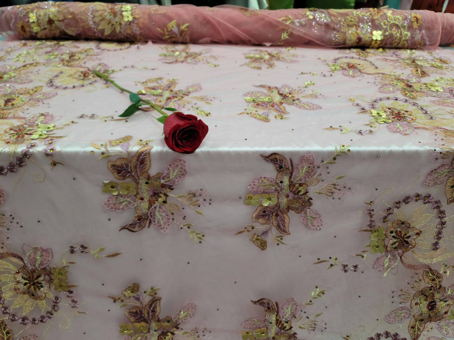 Multicolor Embroidered Lace with Rainbow Unicorn Floral Flowers and Rhinestones on Mesh - 54 Inches Wide - Perfect for Gowns, Prom, Quinceañera, Bridal, and Evening Dresses - Sold by the Yard