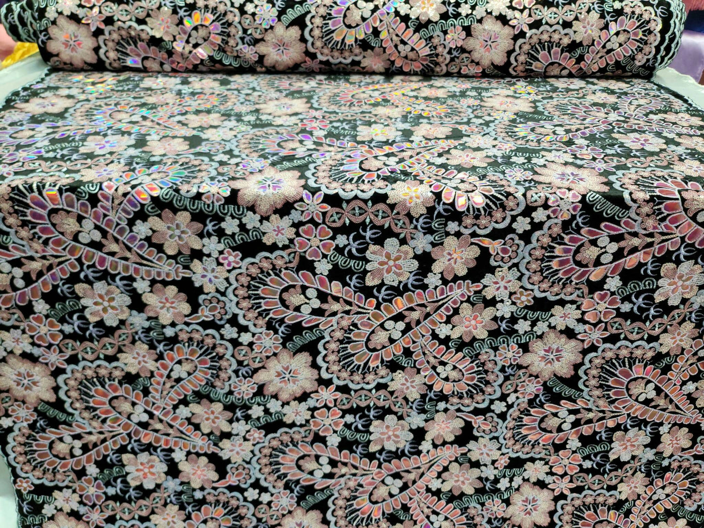 Black Lace Pink Embroidered Flowers Floral Sequin On Black Velvet Prom Fabric Sold By The Yard Quinceañera Bridal Evening Fashion