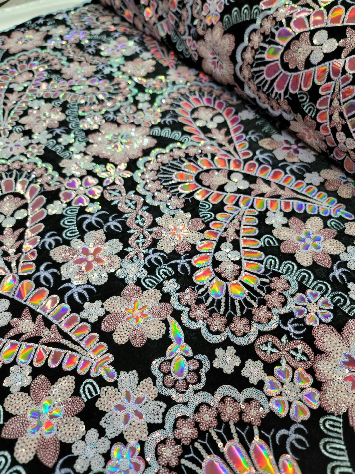 Black Lace Pink Embroidered Flowers Floral Sequin On Black Velvet Prom Fabric Sold By The Yard Quinceañera Bridal Evening Fashion
