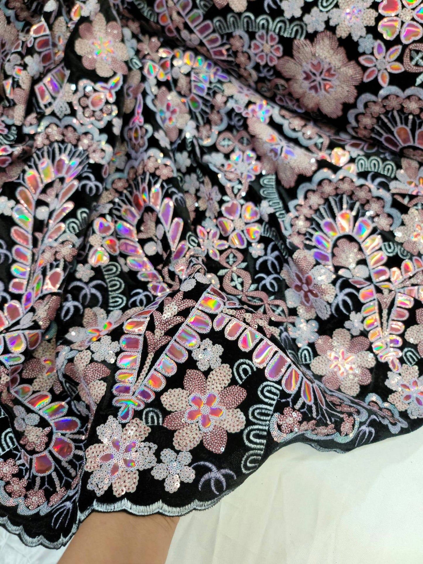 Black Lace Pink Embroidered Flowers Floral Sequin On Black Velvet Prom Fabric Sold By The Yard Quinceañera Bridal Evening Fashion