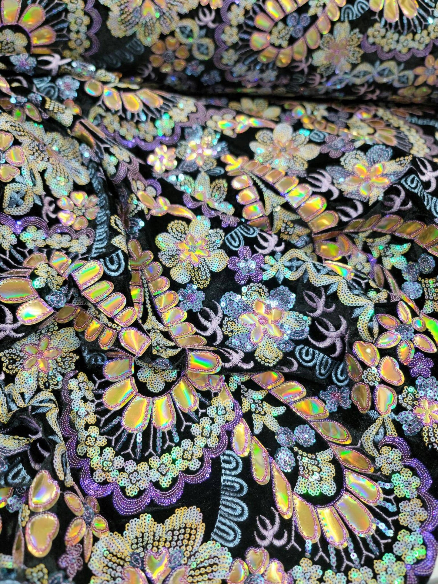 Stretch Black Velvet Multicolor Sequin Iridescent Embroidery Lace Floral Flowers Gold Hologram Fabric Sold by the Yard Dress Bridal Gown