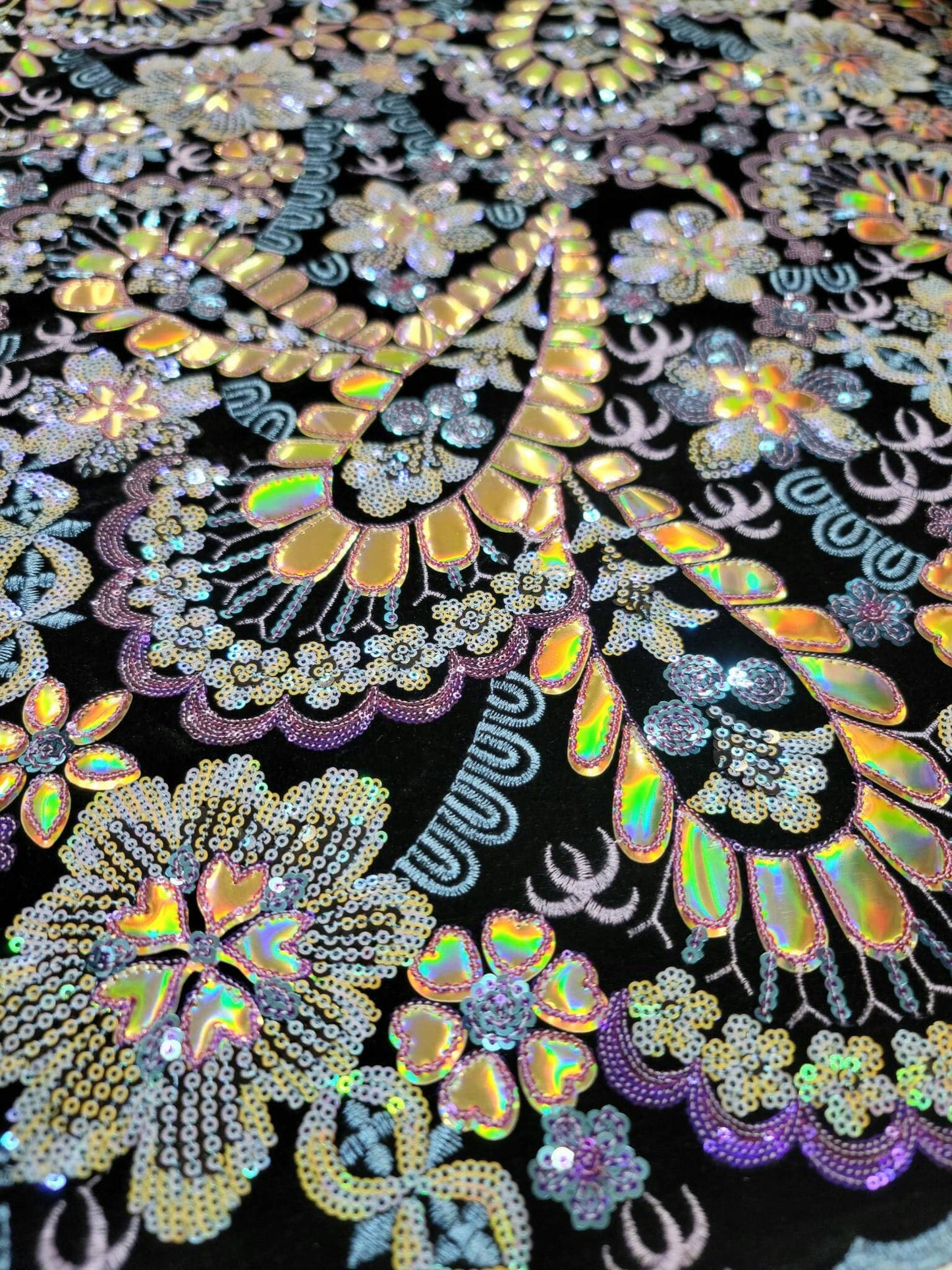 Stretch Black Velvet Multicolor Sequin Iridescent Embroidery Lace Floral Flowers Gold Hologram Fabric Sold by the Yard Dress Bridal Gown