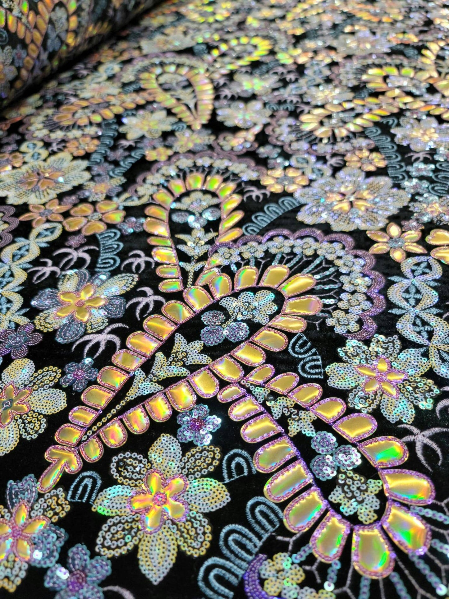 Stretch Black Velvet Multicolor Sequin Iridescent Embroidery Lace Floral Flowers Gold Hologram Fabric Sold by the Yard Dress Bridal Gown