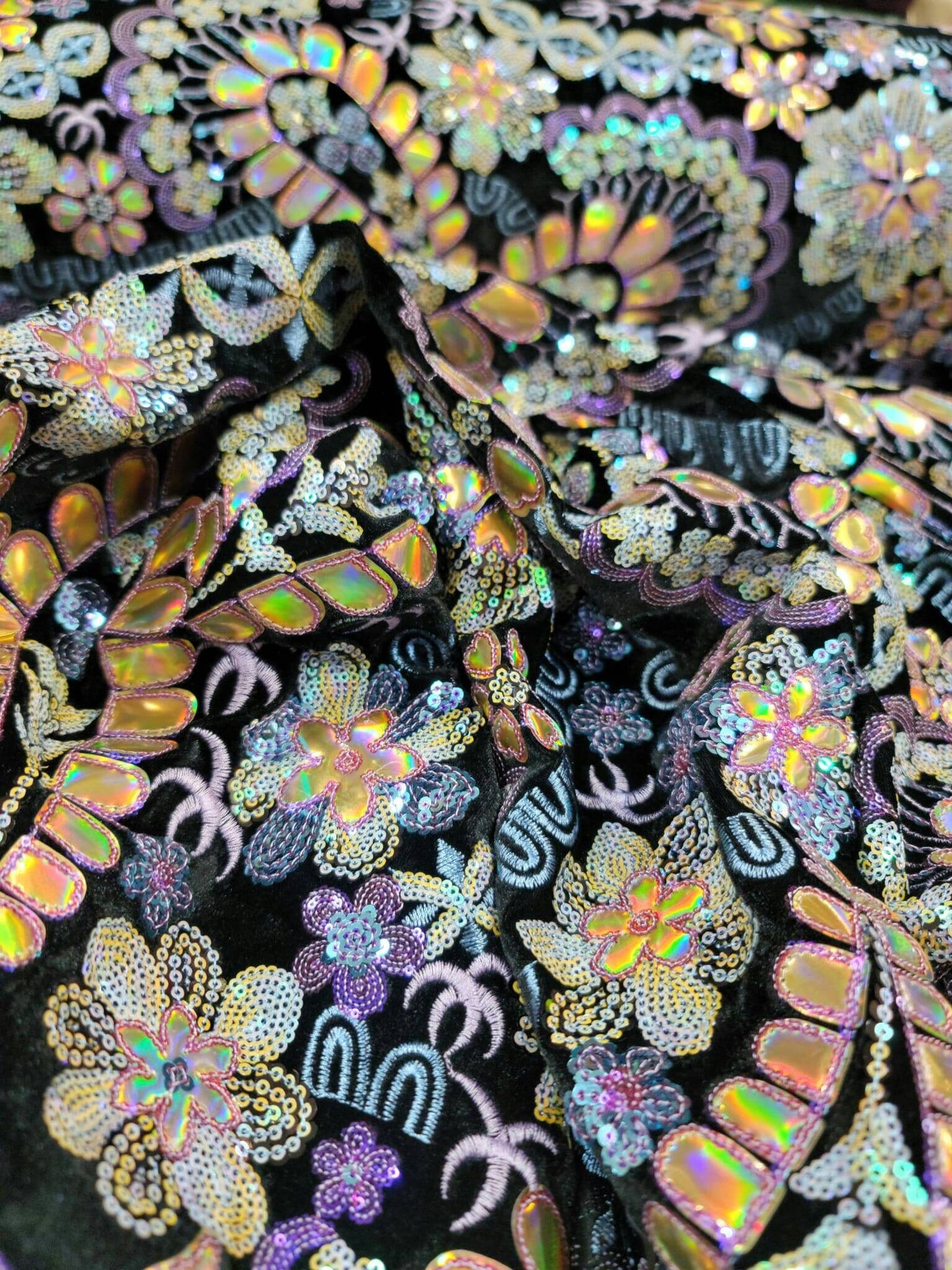 Stretch Black Velvet Multicolor Sequin Iridescent Embroidery Lace Floral Flowers Gold Hologram Fabric Sold by the Yard Dress Bridal Gown