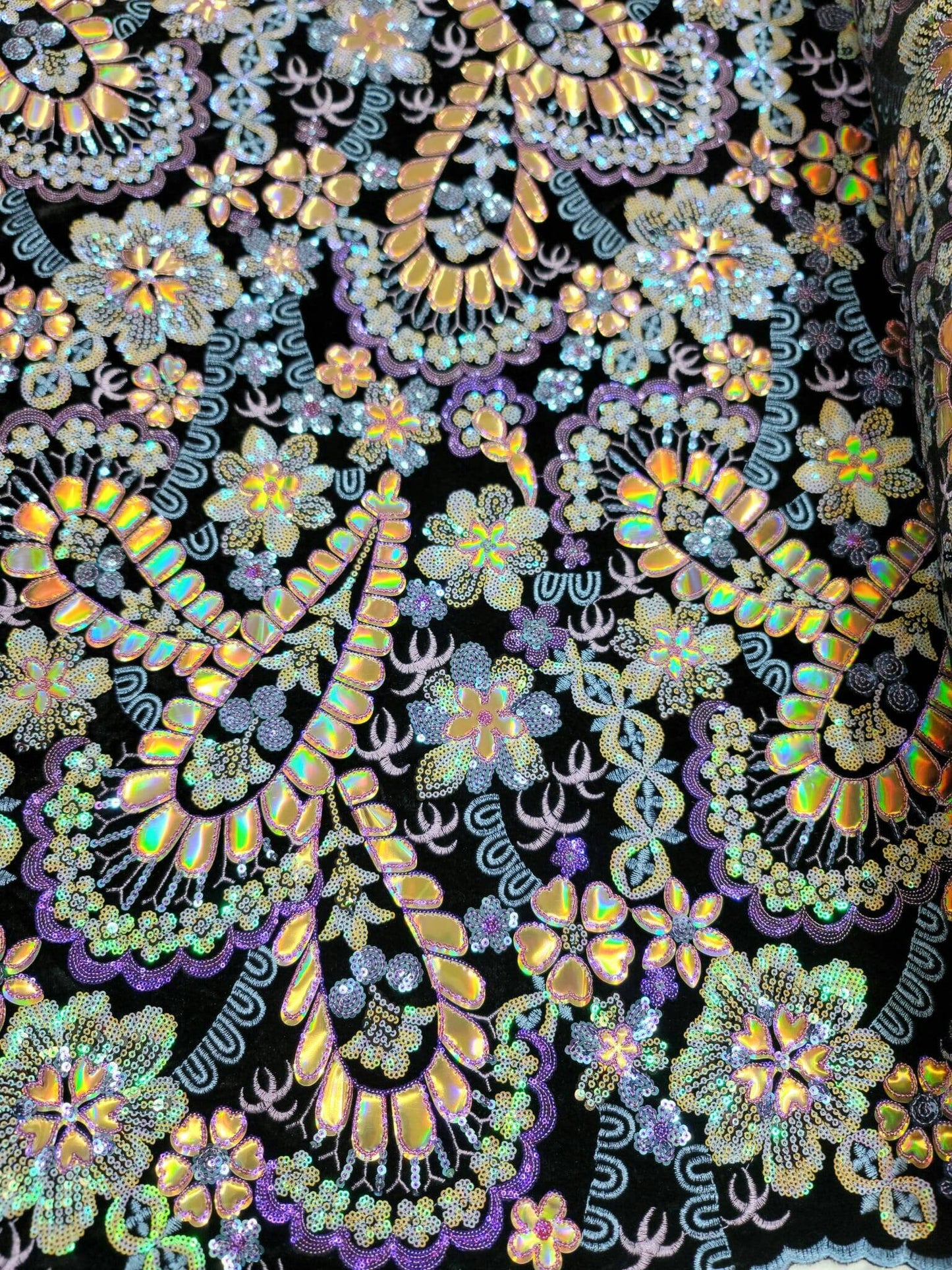 Stretch Black Velvet Multicolor Sequin Iridescent Embroidery Lace Floral Flowers Gold Hologram Fabric Sold by the Yard Dress Bridal Gown