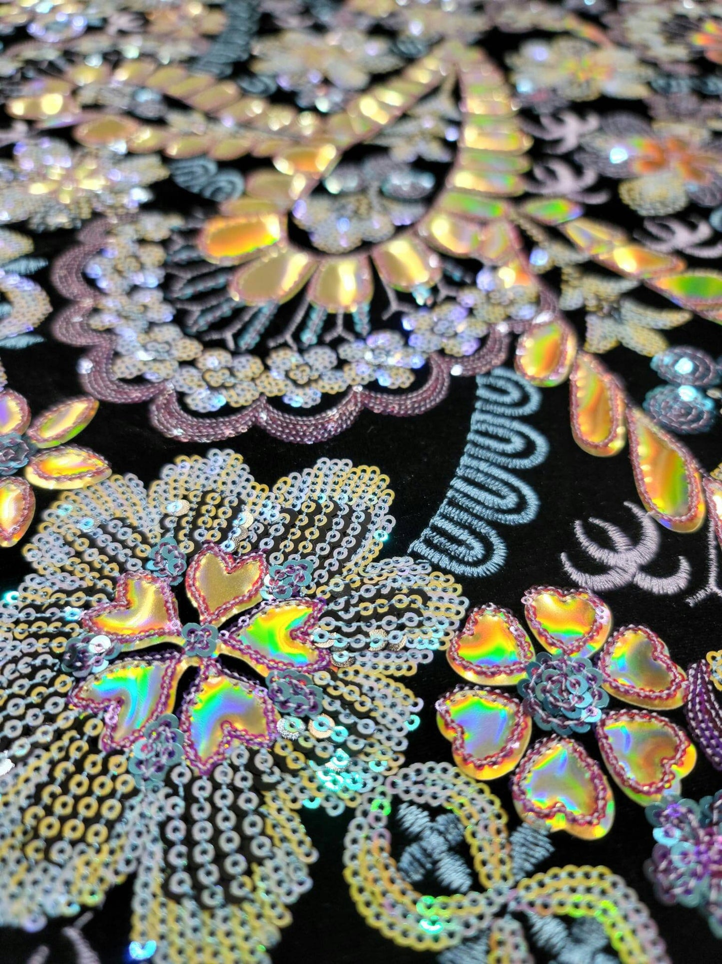 Stretch Black Velvet Multicolor Sequin Iridescent Embroidery Lace Floral Flowers Gold Hologram Fabric Sold by the Yard Dress Bridal Gown