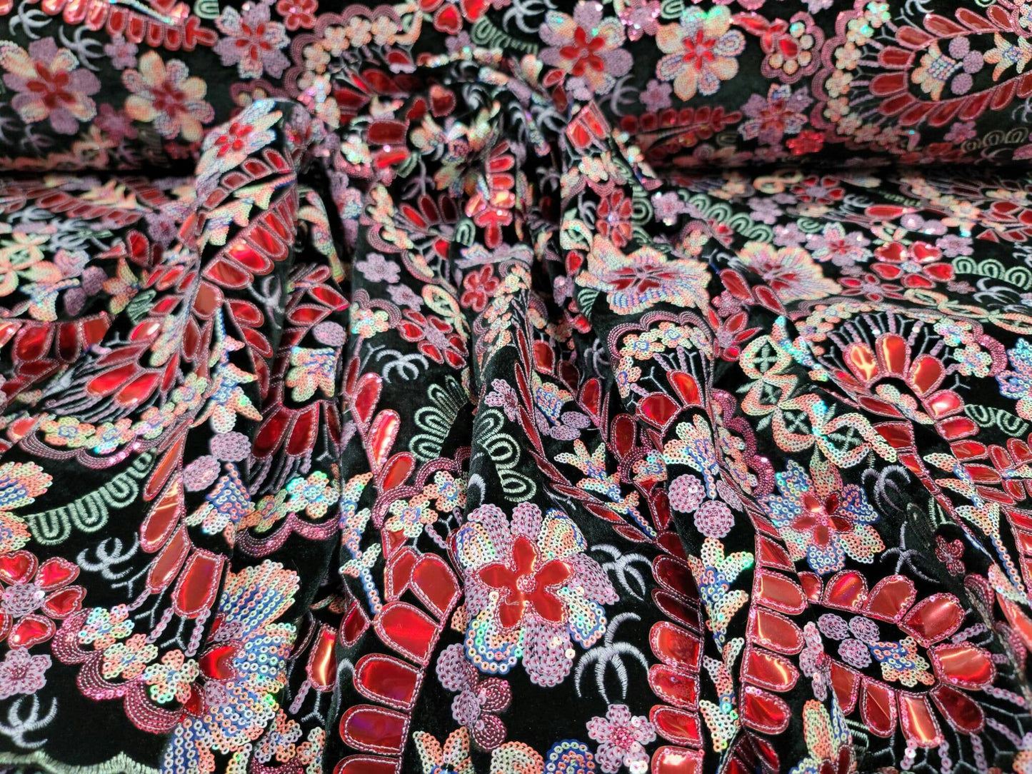 Black Stretch Black Velvet Red Iridescent Sequin Hologram Embroidery Floral Flowers Fabric Sold by the Yard Gown Prom Bridal Evening Dress