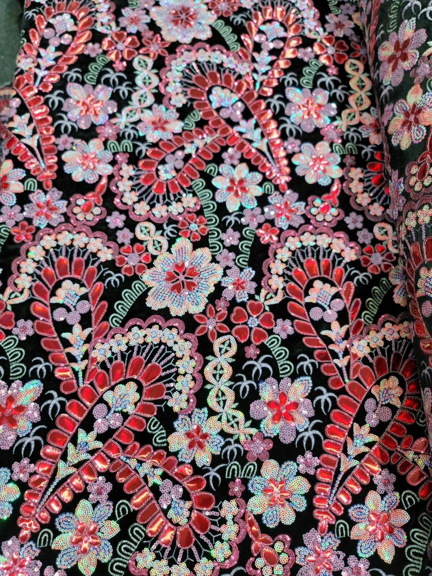 Black Stretch Black Velvet Red Iridescent Sequin Hologram Embroidery Floral Flowers Fabric Sold by the Yard Gown Prom Bridal Evening Dress