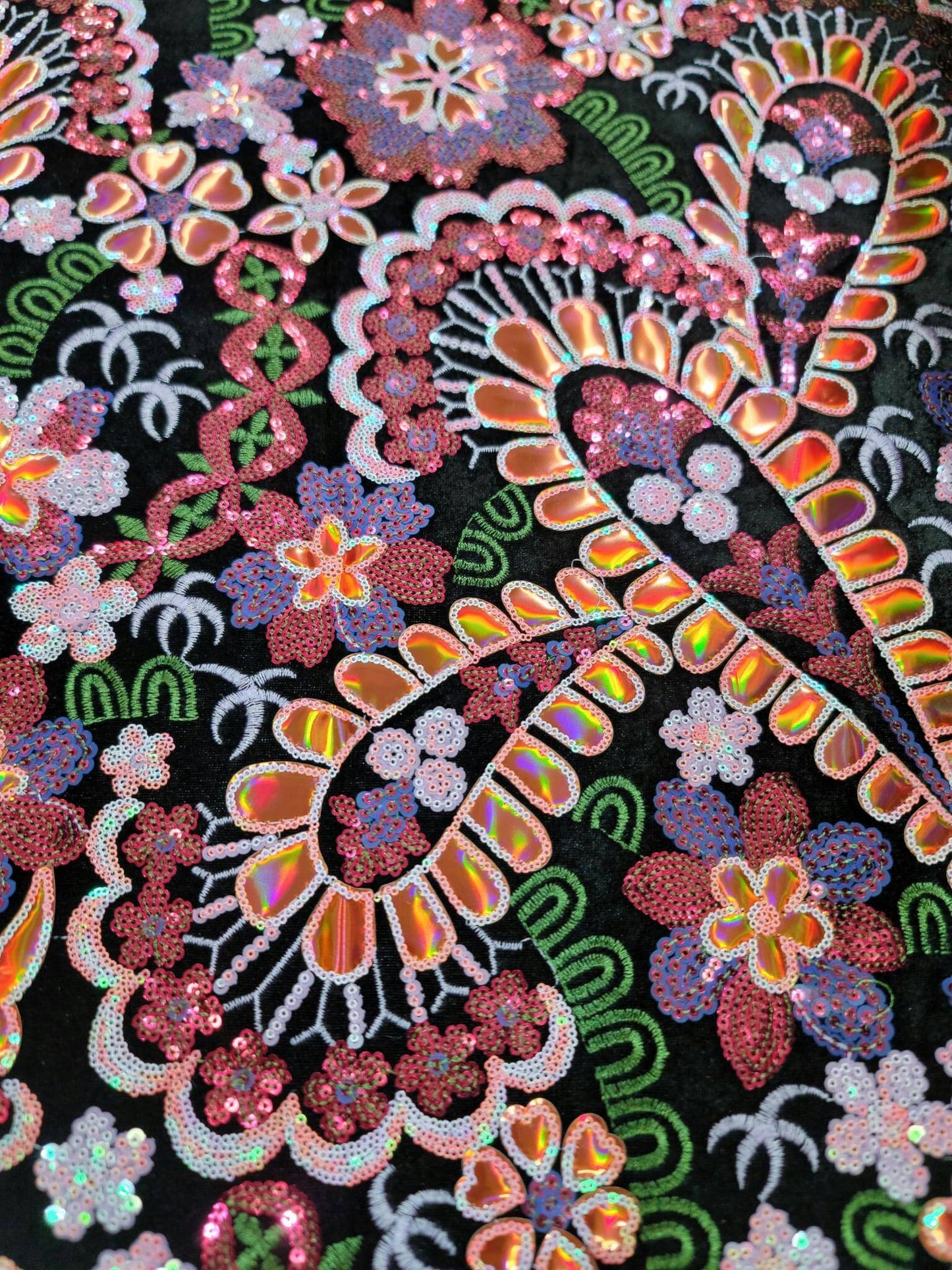 Orange Lace Embroidery Sequin Iridescent Multicolor Floral Flower On Black Velvet Bridal Evening Dress Prom Quinceañera Gown Terciopelo