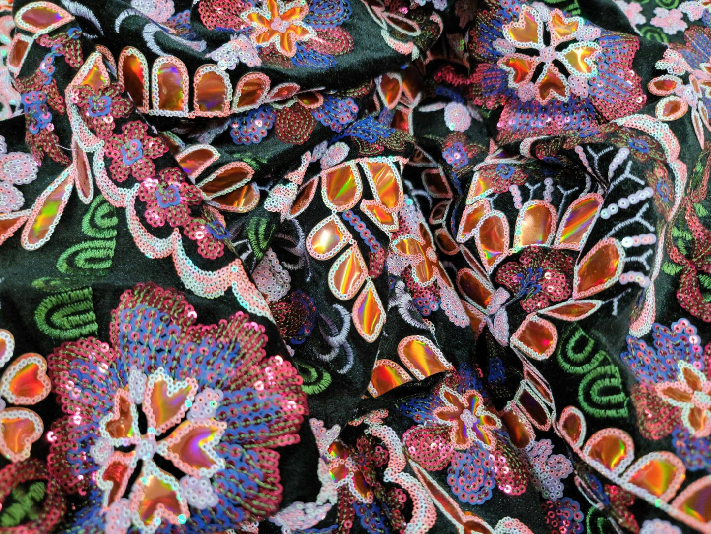 Orange Lace Embroidery Sequin Iridescent Multicolor Floral Flower On Black Velvet Bridal Evening Dress Prom Quinceañera Gown Terciopelo