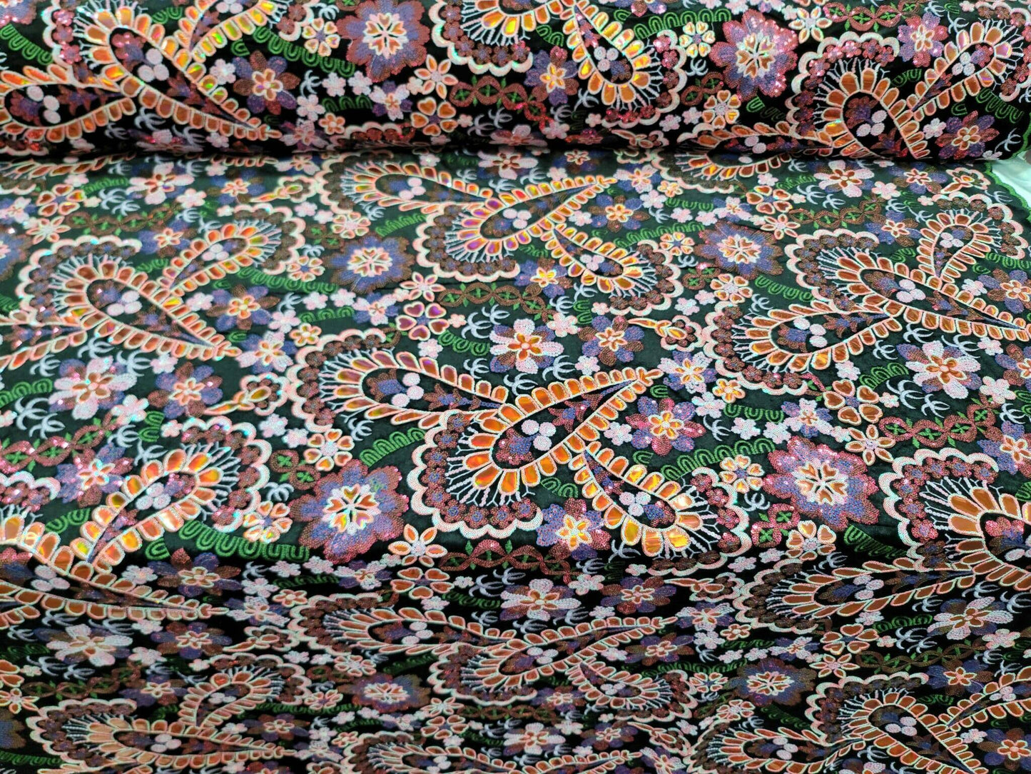 Orange Lace Embroidery Sequin Iridescent Multicolor Floral Flower On Black Velvet Bridal Evening Dress Prom Quinceañera Gown Terciopelo