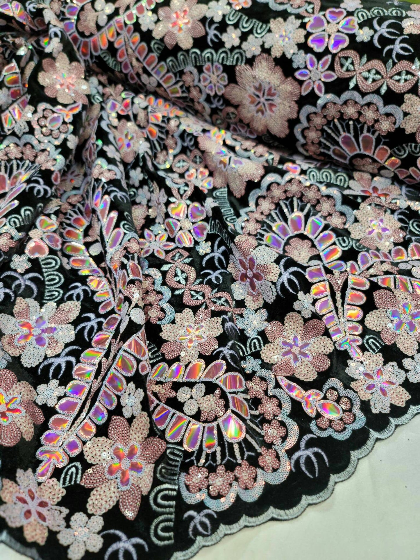 Black Lace Pink Embroidered Flowers Floral Sequin On Black Velvet Prom Fabric Sold By The Yard Quinceañera Bridal Evening Fashion