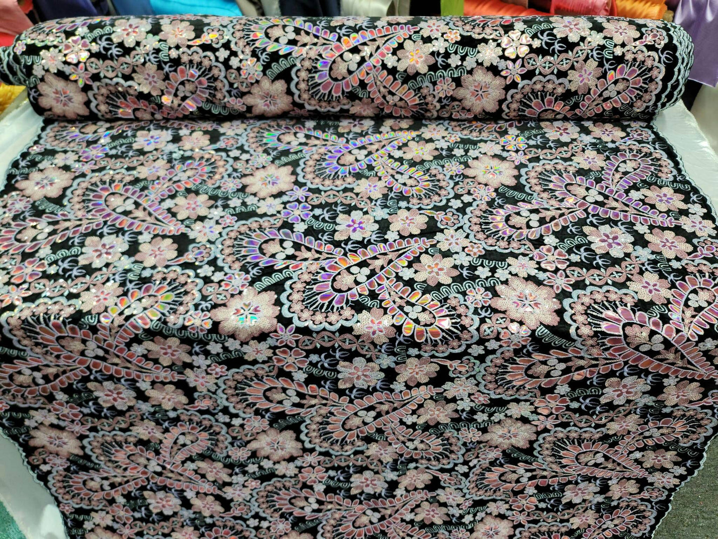 Black Lace Pink Embroidered Flowers Floral Sequin On Black Velvet Prom Fabric Sold By The Yard Quinceañera Bridal Evening Fashion