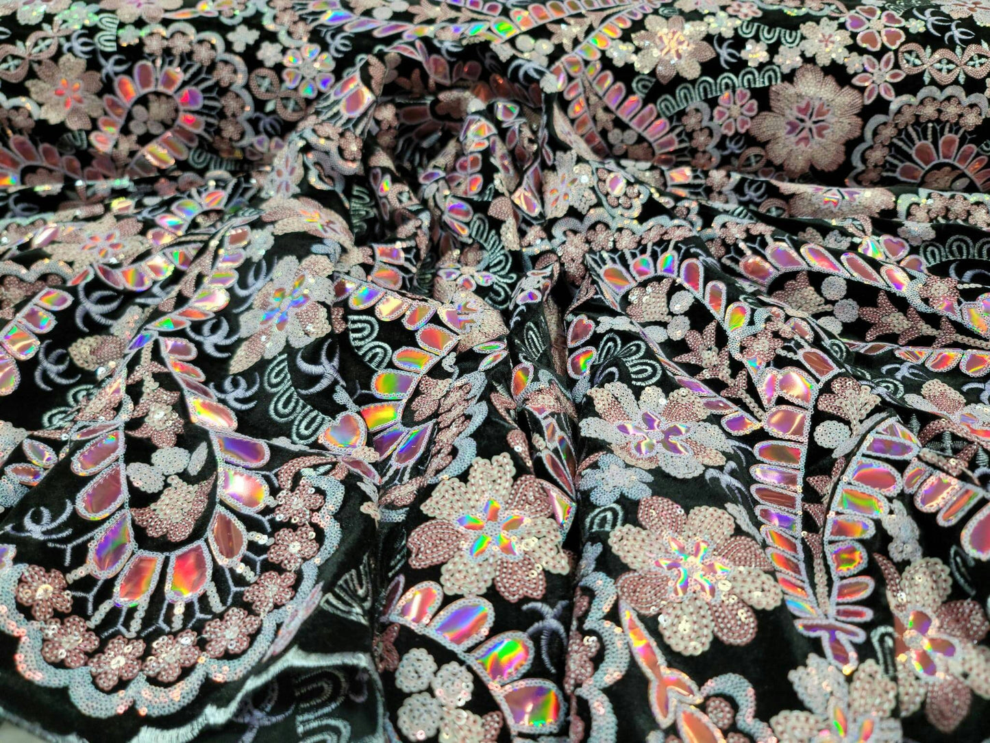 Black Lace Pink Embroidered Flowers Floral Sequin On Black Velvet Prom Fabric Sold By The Yard Quinceañera Bridal Evening Fashion