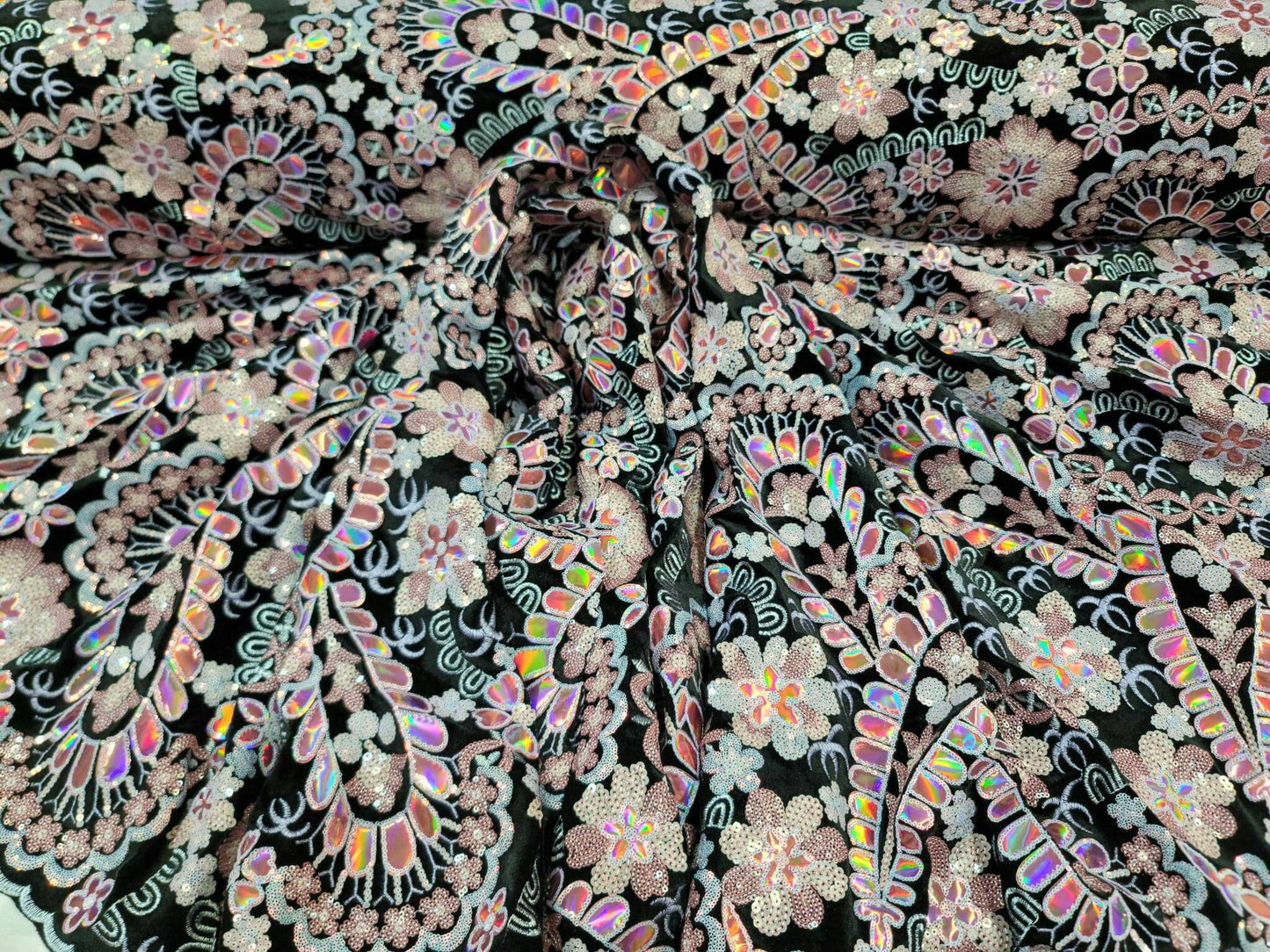 Black Lace Pink Embroidered Flowers Floral Sequin On Black Velvet Prom Fabric Sold By The Yard Quinceañera Bridal Evening Fashion