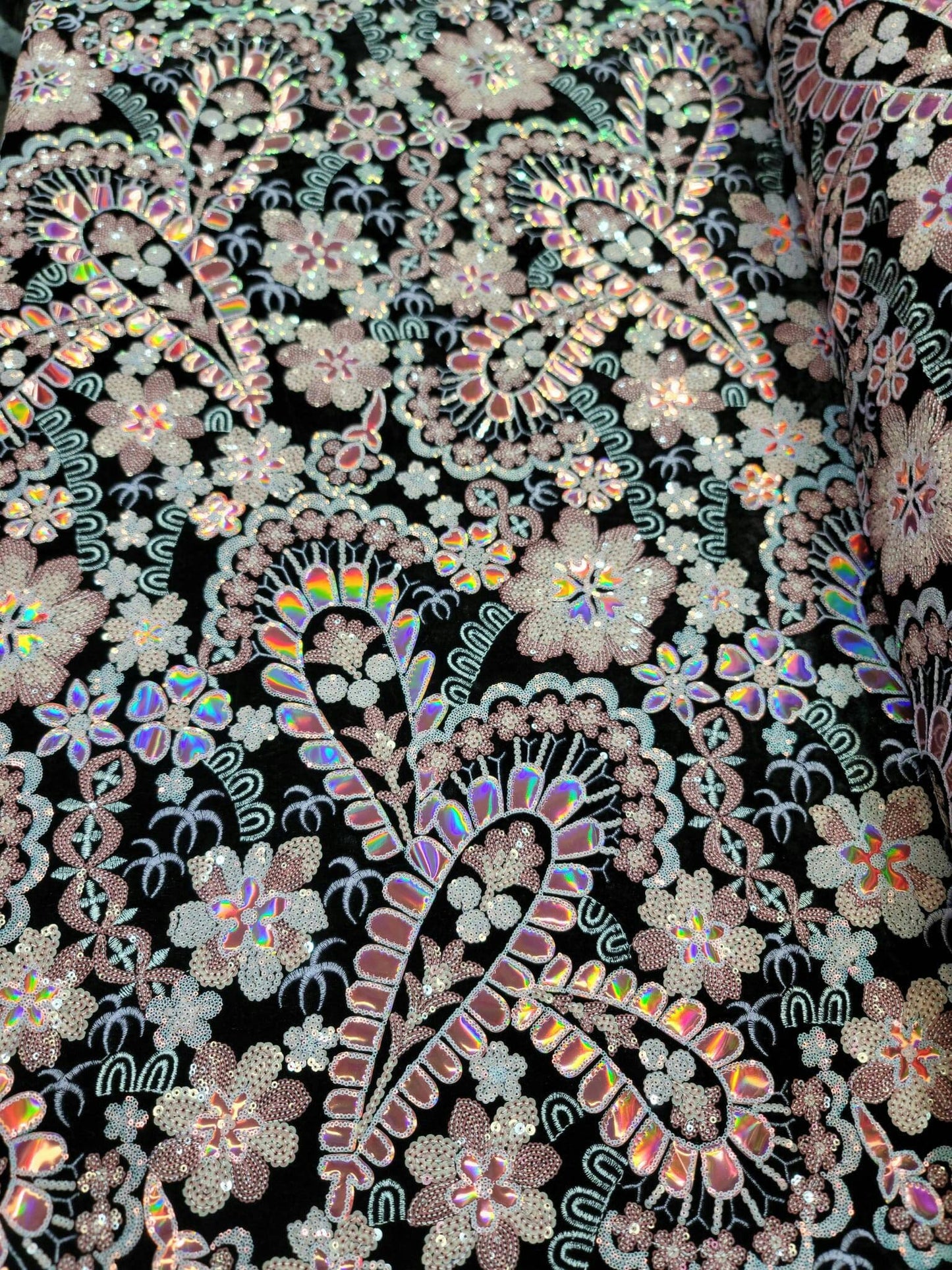 Black Lace Pink Embroidered Flowers Floral Sequin On Black Velvet Prom Fabric Sold By The Yard Quinceañera Bridal Evening Fashion