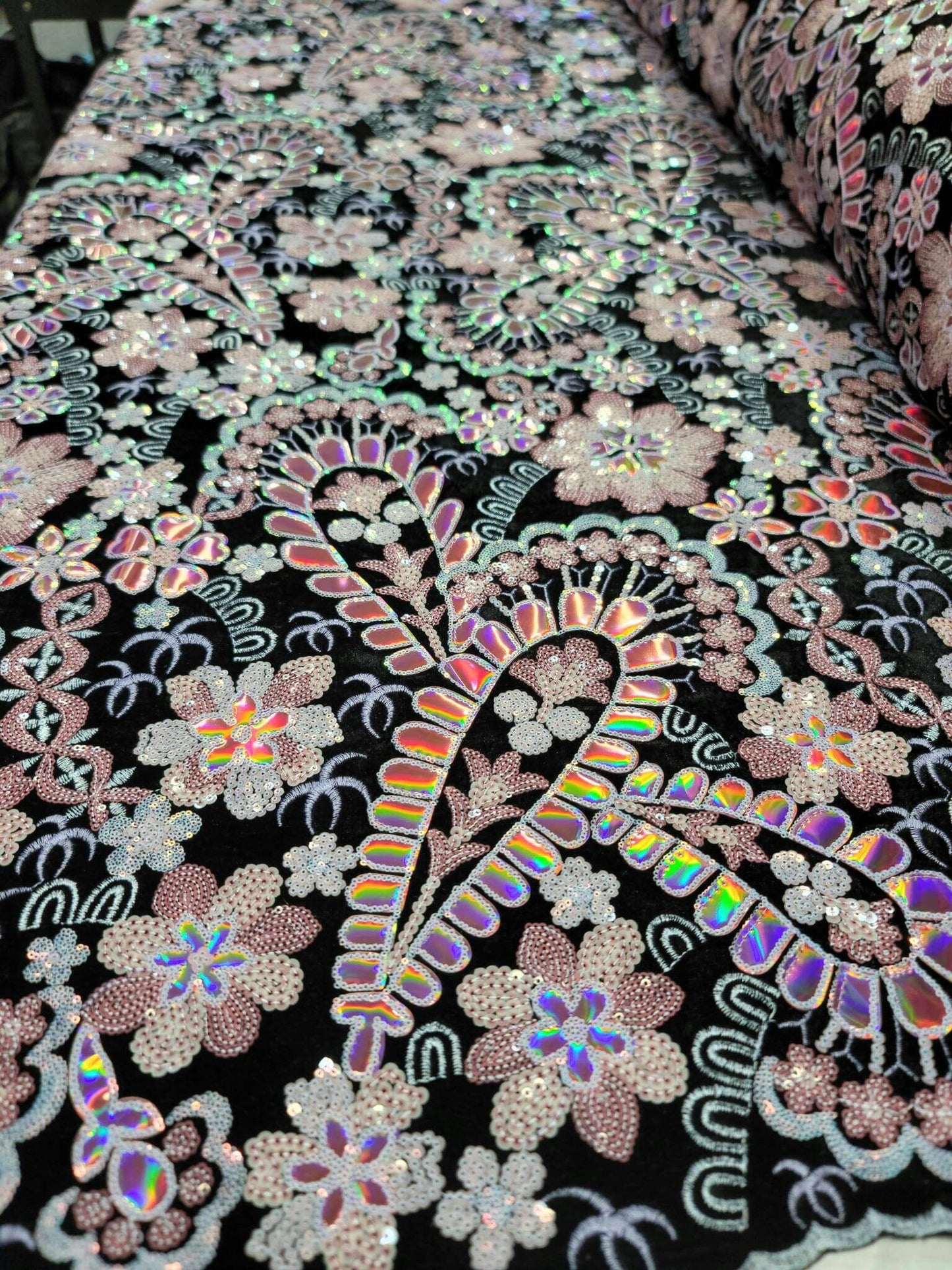 Black Lace Pink Embroidered Flowers Floral Sequin On Black Velvet Prom Fabric Sold By The Yard Quinceañera Bridal Evening Fashion