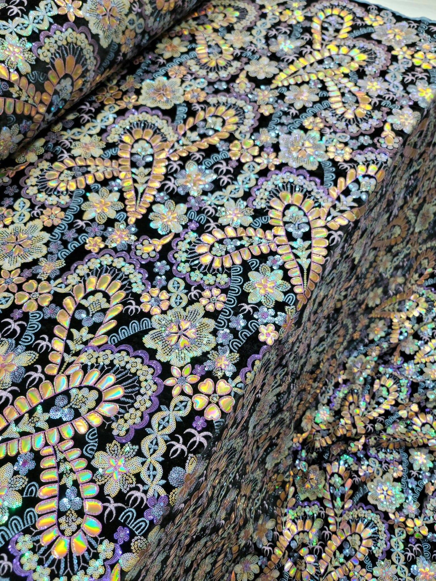 Stretch Black Velvet Multicolor Sequin Iridescent Embroidery Lace Floral Flowers Gold Hologram Fabric Sold by the Yard Dress Bridal Gown