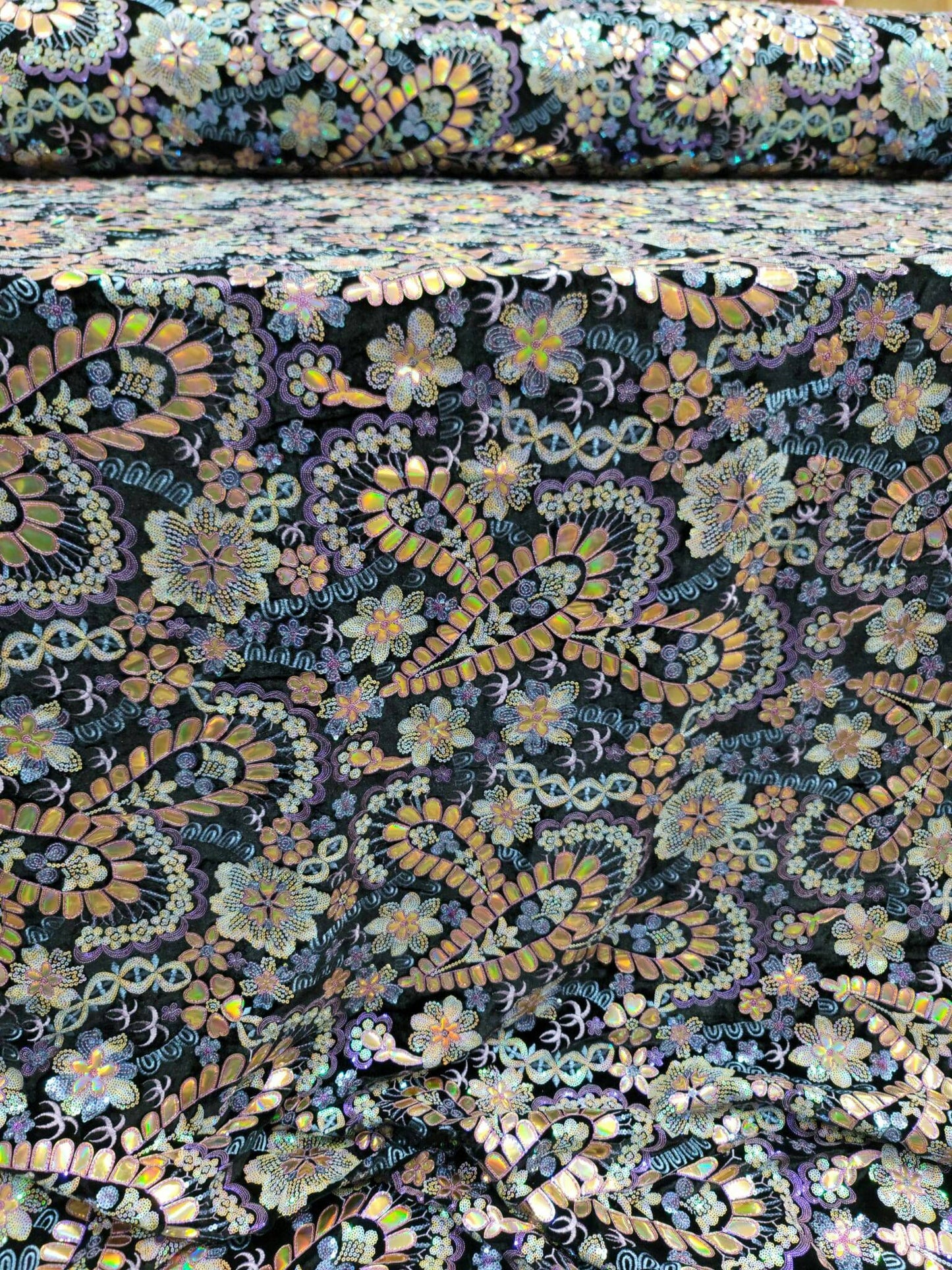 Stretch Black Velvet Multicolor Sequin Iridescent Embroidery Lace Floral Flowers Gold Hologram Fabric Sold by the Yard Dress Bridal Gown