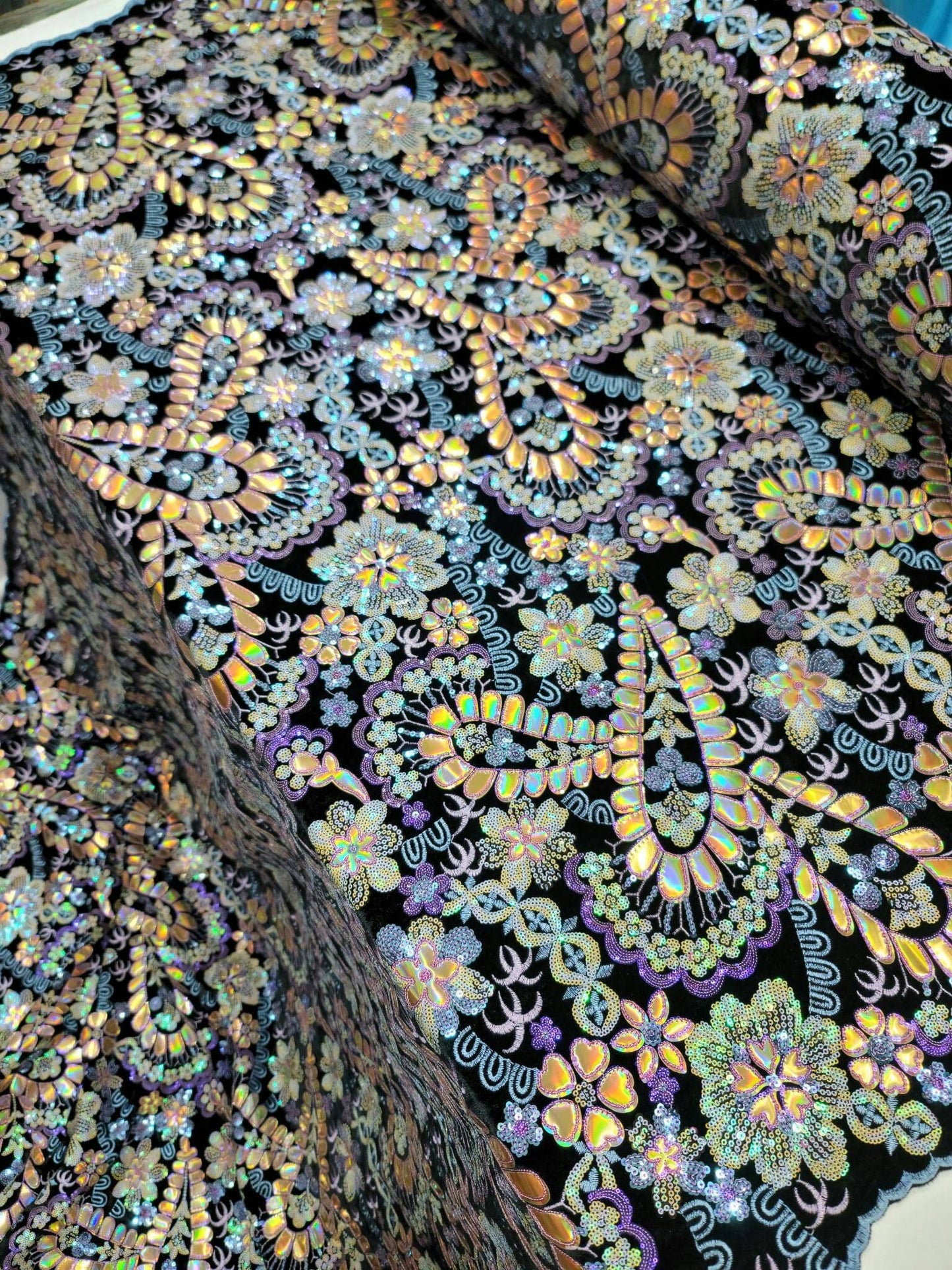 Stretch Black Velvet Multicolor Sequin Iridescent Embroidery Lace Floral Flowers Gold Hologram Fabric Sold by the Yard Dress Bridal Gown