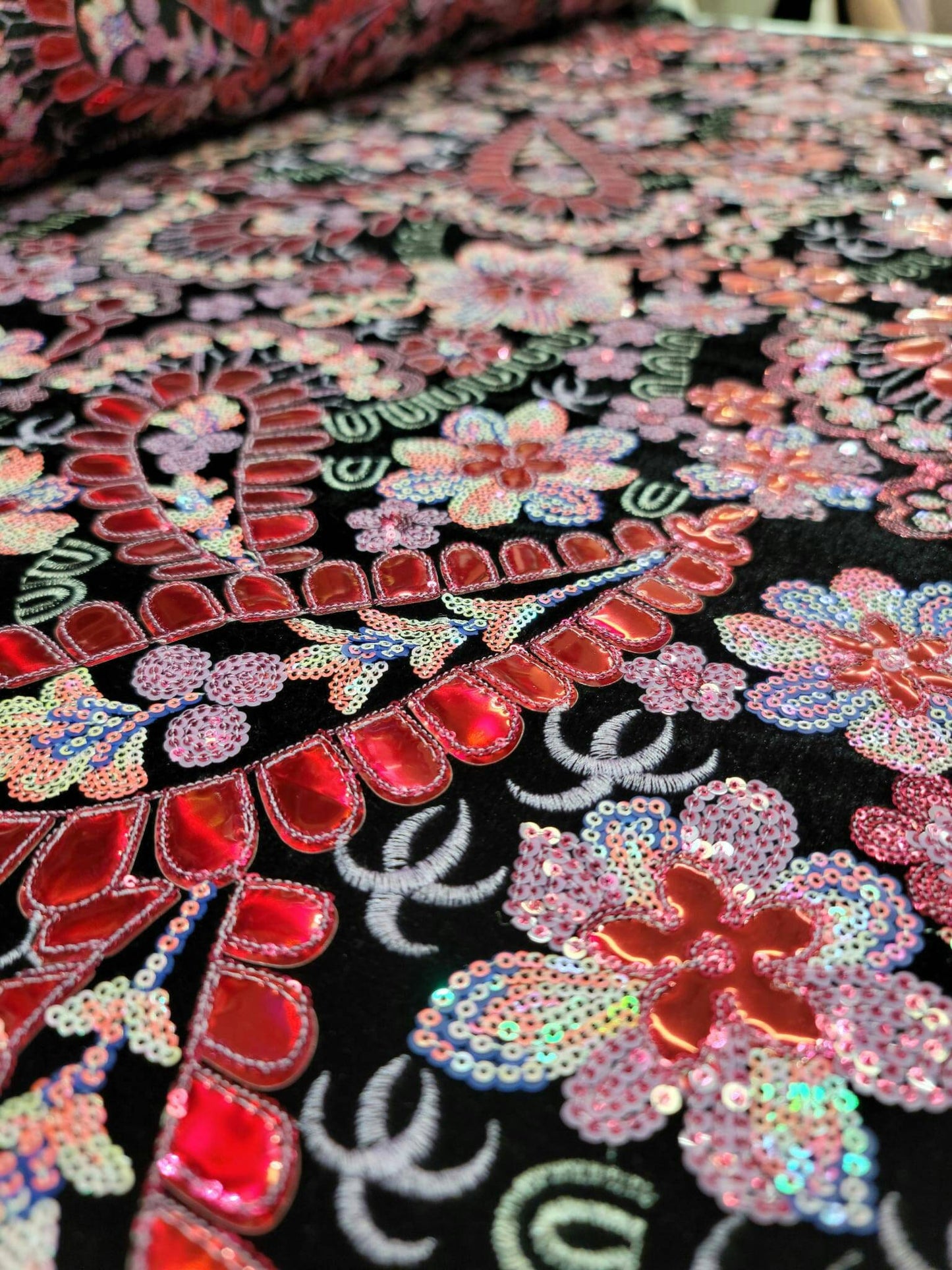 Black Stretch Black Velvet Red Iridescent Sequin Hologram Embroidery Floral Flowers Fabric Sold by the Yard Gown Prom Bridal Evening Dress