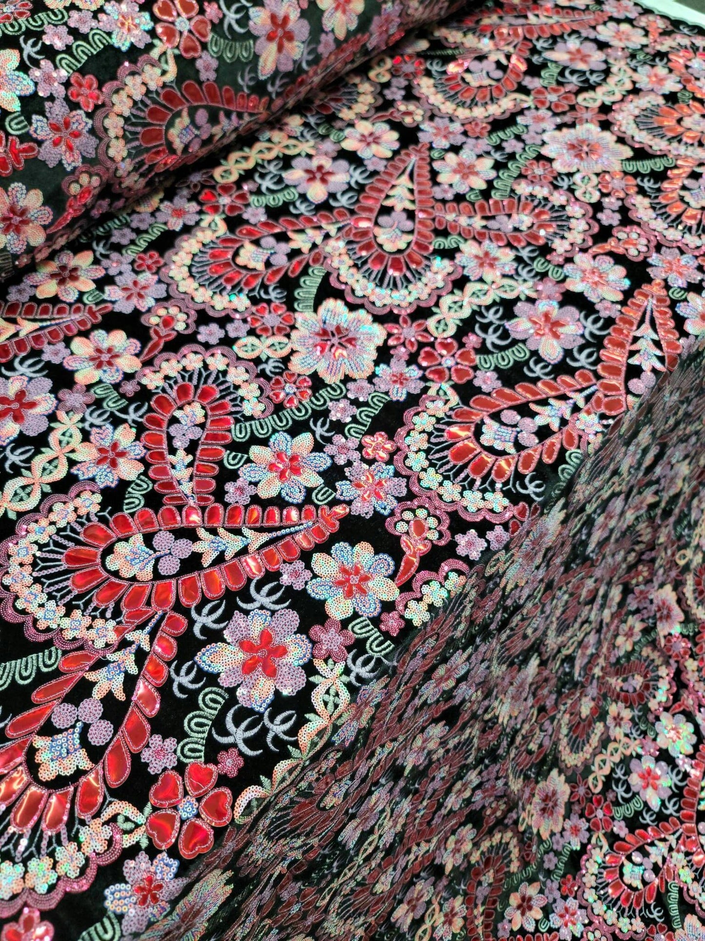 Black Stretch Black Velvet Red Iridescent Sequin Hologram Embroidery Floral Flowers Fabric Sold by the Yard Gown Prom Bridal Evening Dress
