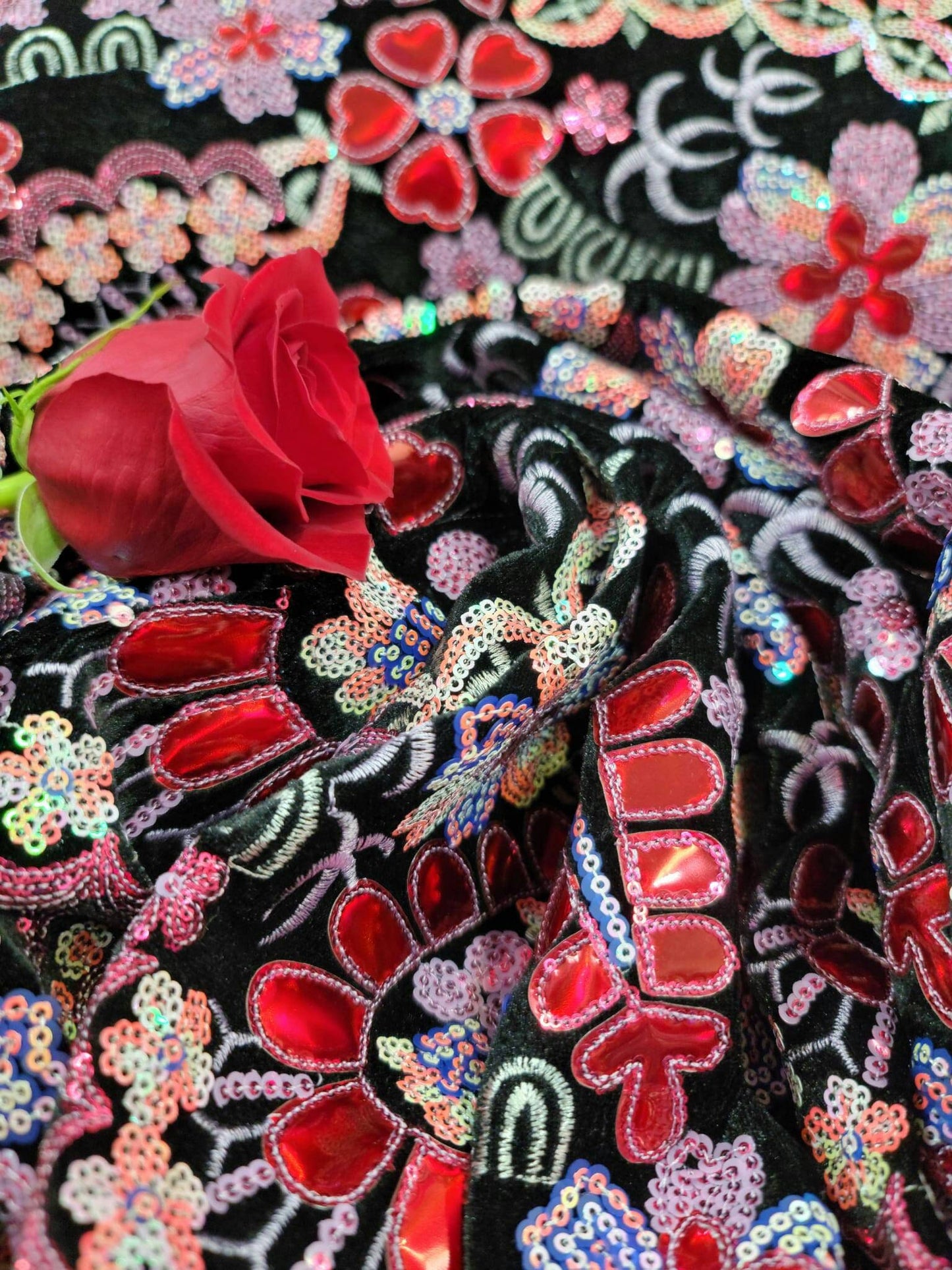 Black Stretch Black Velvet Red Iridescent Sequin Hologram Embroidery Floral Flowers Fabric Sold by the Yard Gown Prom Bridal Evening Dress