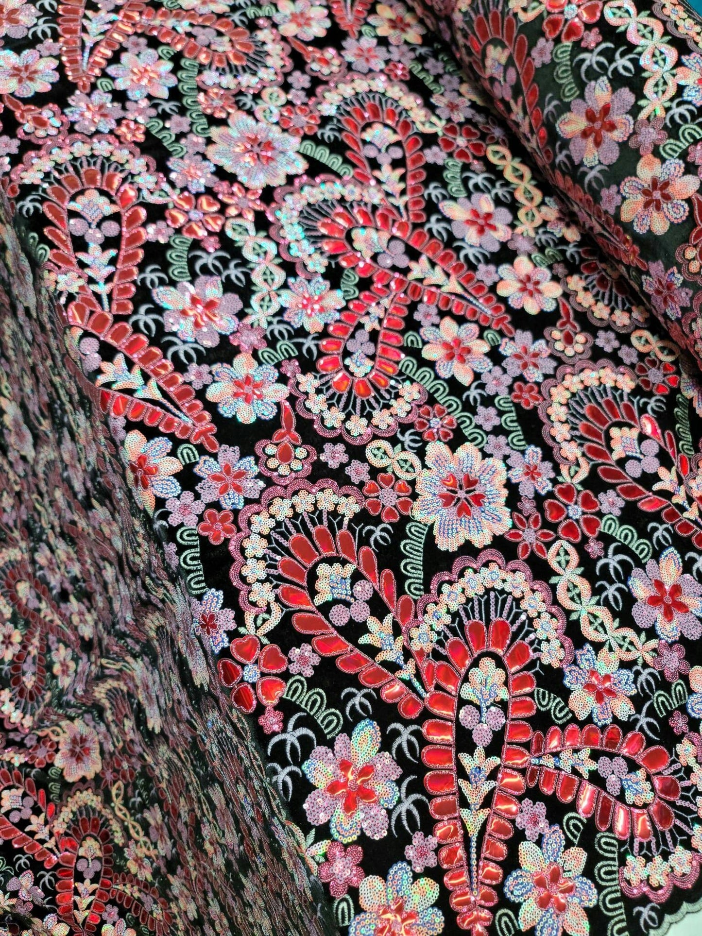 Black Stretch Black Velvet Red Iridescent Sequin Hologram Embroidery Floral Flowers Fabric Sold by the Yard Gown Prom Bridal Evening Dress
