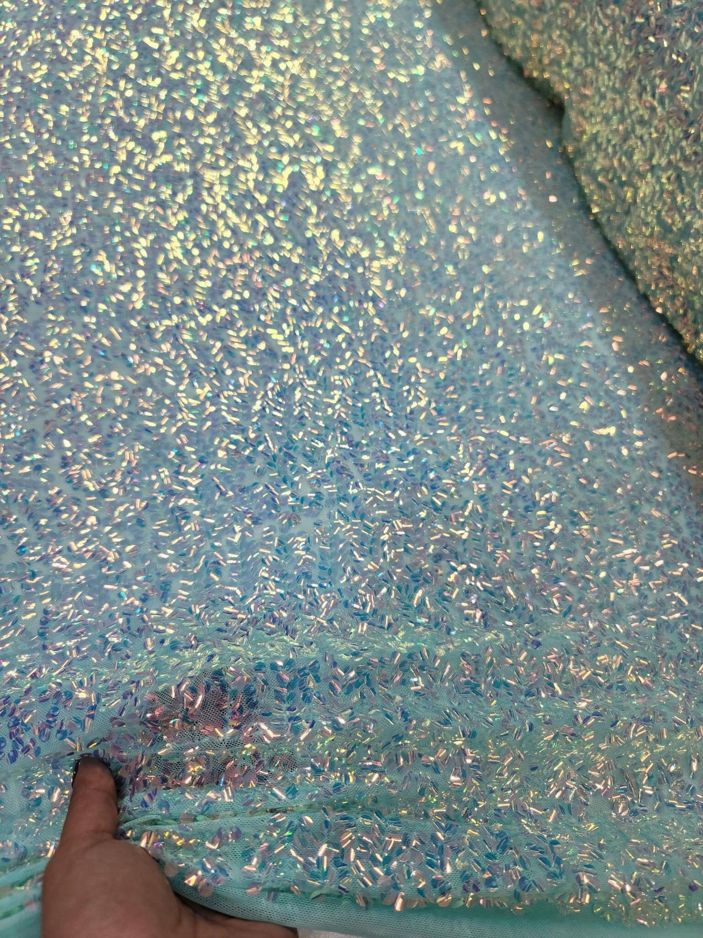 Mint Sequin Iridescent Embroidery in 4 Way Stretch Mesh Fabric By The Yard Fashion Backdrop Party Dress