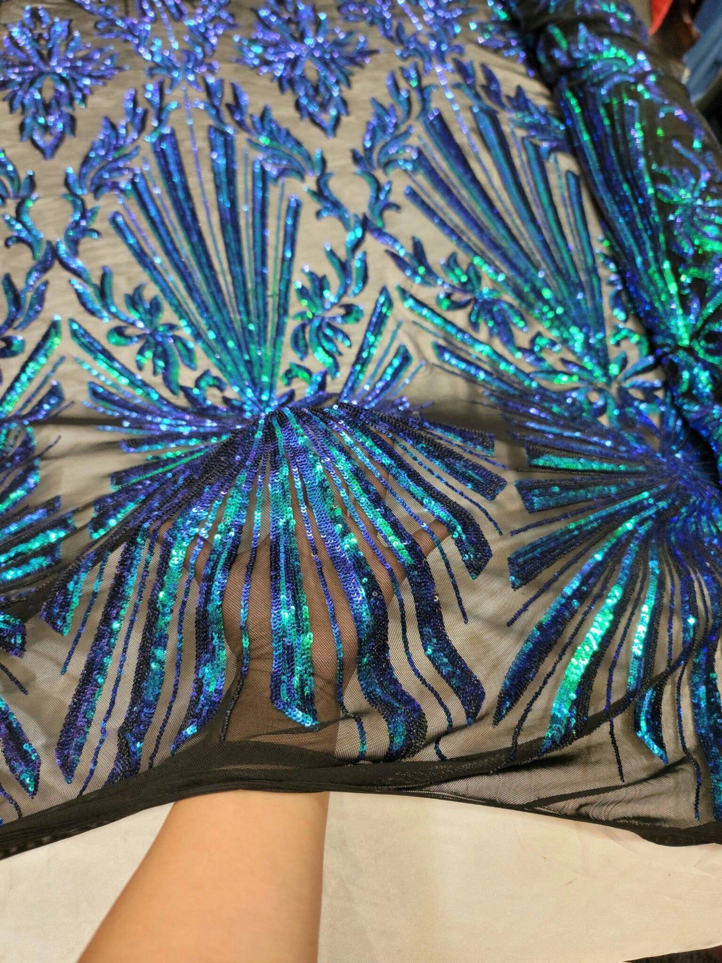 Green Peacock Iridescent Sequin Lace Fabric By The Yard Gown Quinceañera Bridal Mermaid