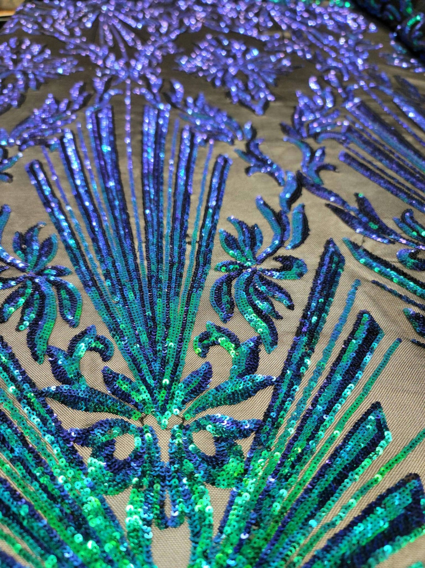 Green Peacock Iridescent Sequin Lace Fabric By The Yard Gown Quinceañera Bridal Mermaid