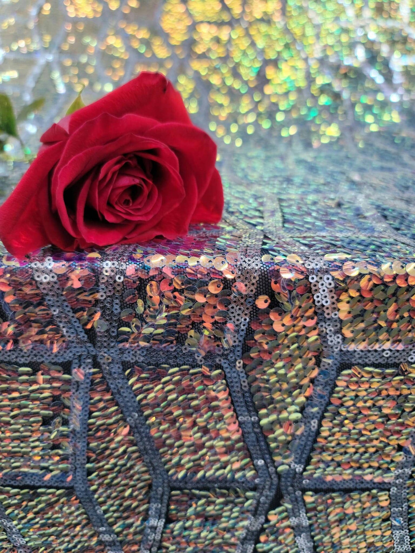 Rose Gold And Green Sequin Iridescent Embroidery On 4 Way Stretch Mesh Prom Fabric Sold By The Yard Gown Bridal