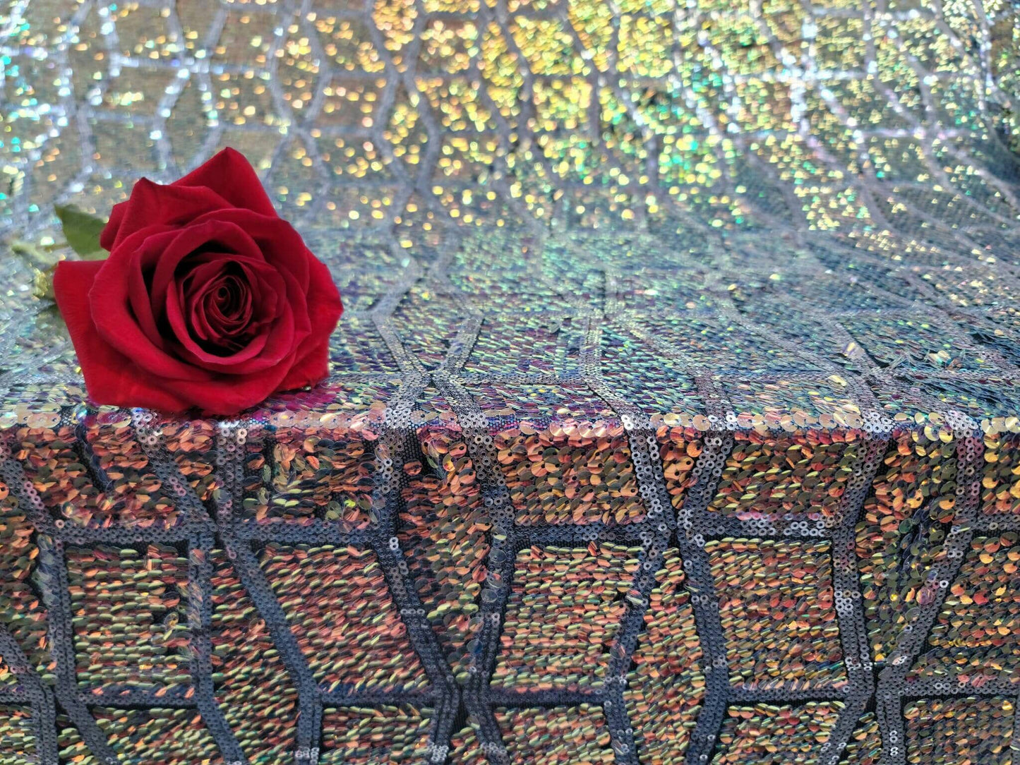 Rose Gold And Green Sequin Iridescent Embroidery On 4 Way Stretch Mesh Prom Fabric Sold By The Yard Gown Bridal