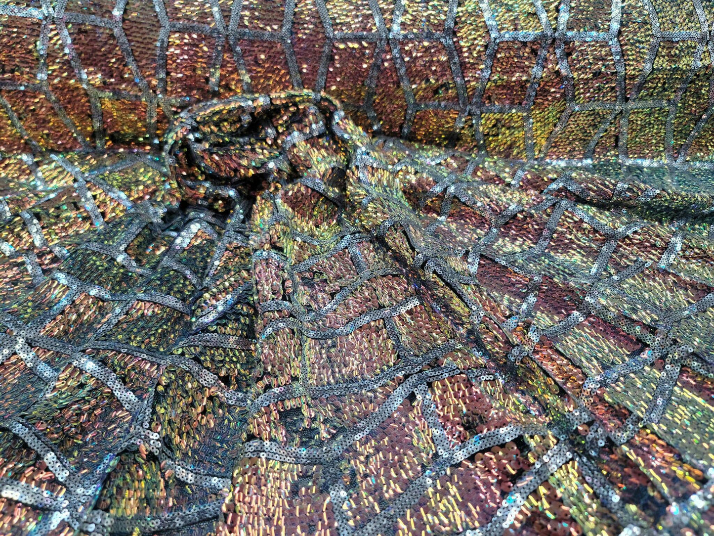 Rose Gold And Green Sequin Iridescent Embroidery On 4 Way Stretch Mesh Prom Fabric Sold By The Yard Gown Bridal