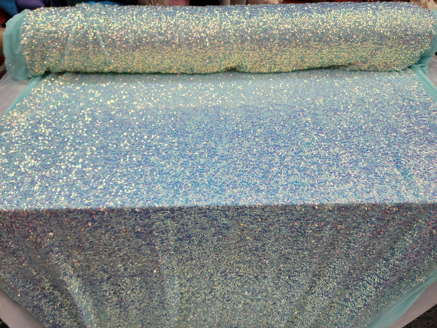 Mint Sequin Iridescent Embroidery in 4 Way Stretch Mesh Fabric By The Yard Fashion Backdrop Party Dress
