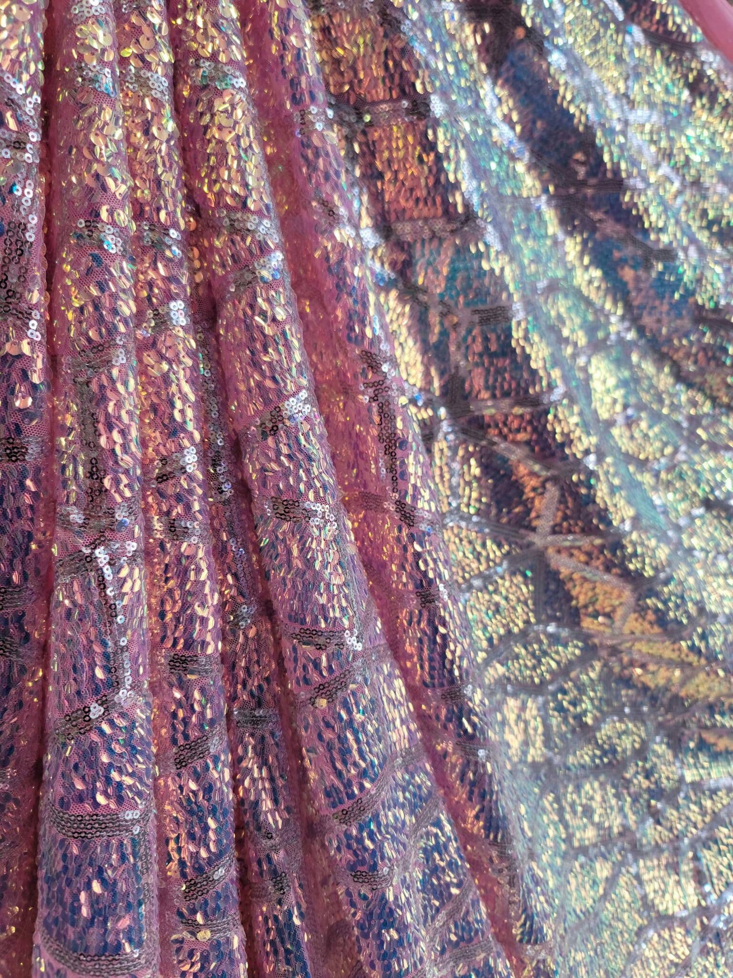 Pink Iridescent Sequin Fabric By The Yard 4 Way Stretch Mesh Prom Quinceañera Geometric Pattern Silver Sequin