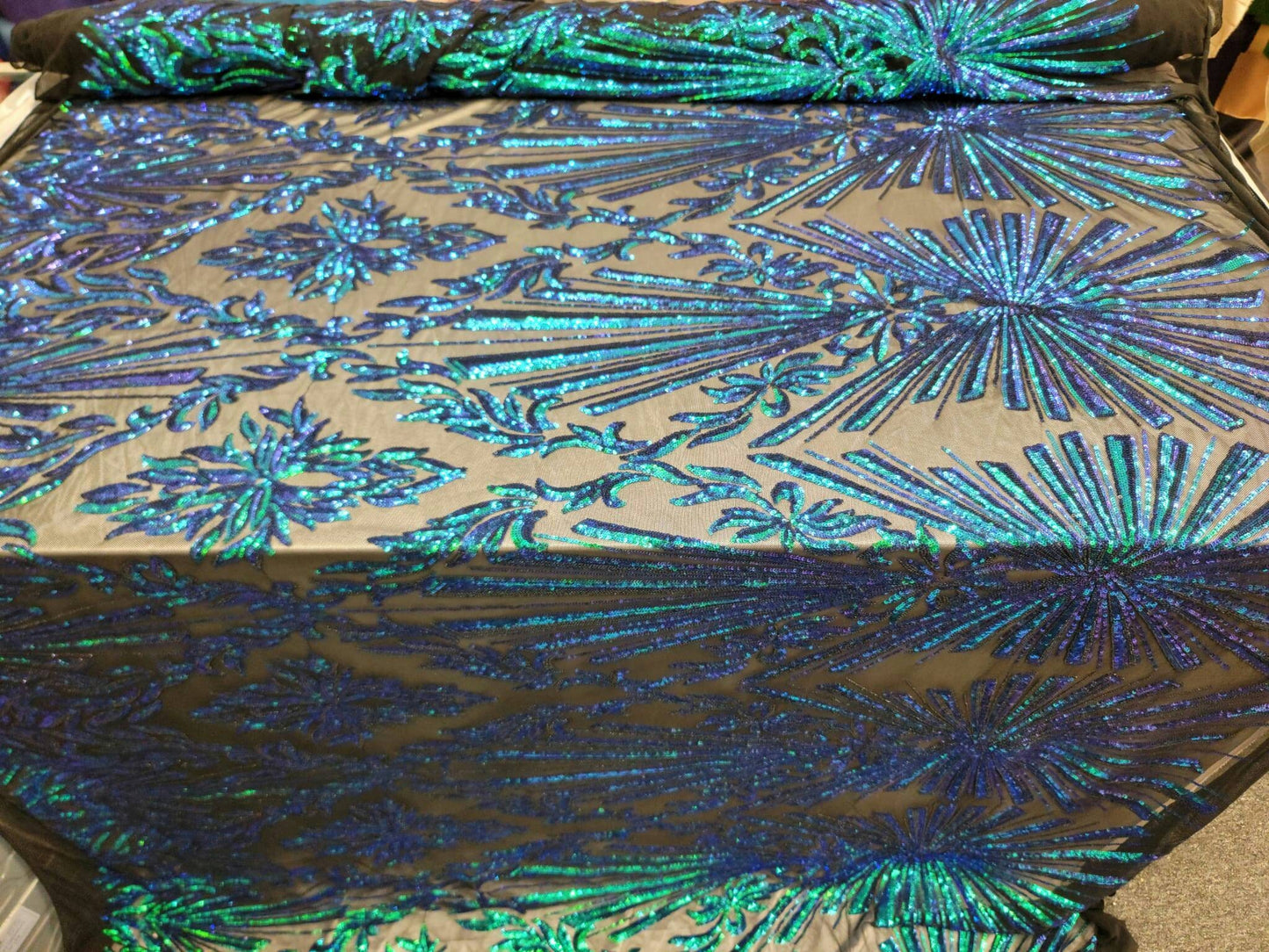 Green Peacock Iridescent Sequin Lace Fabric By The Yard Gown Quinceañera Bridal Mermaid