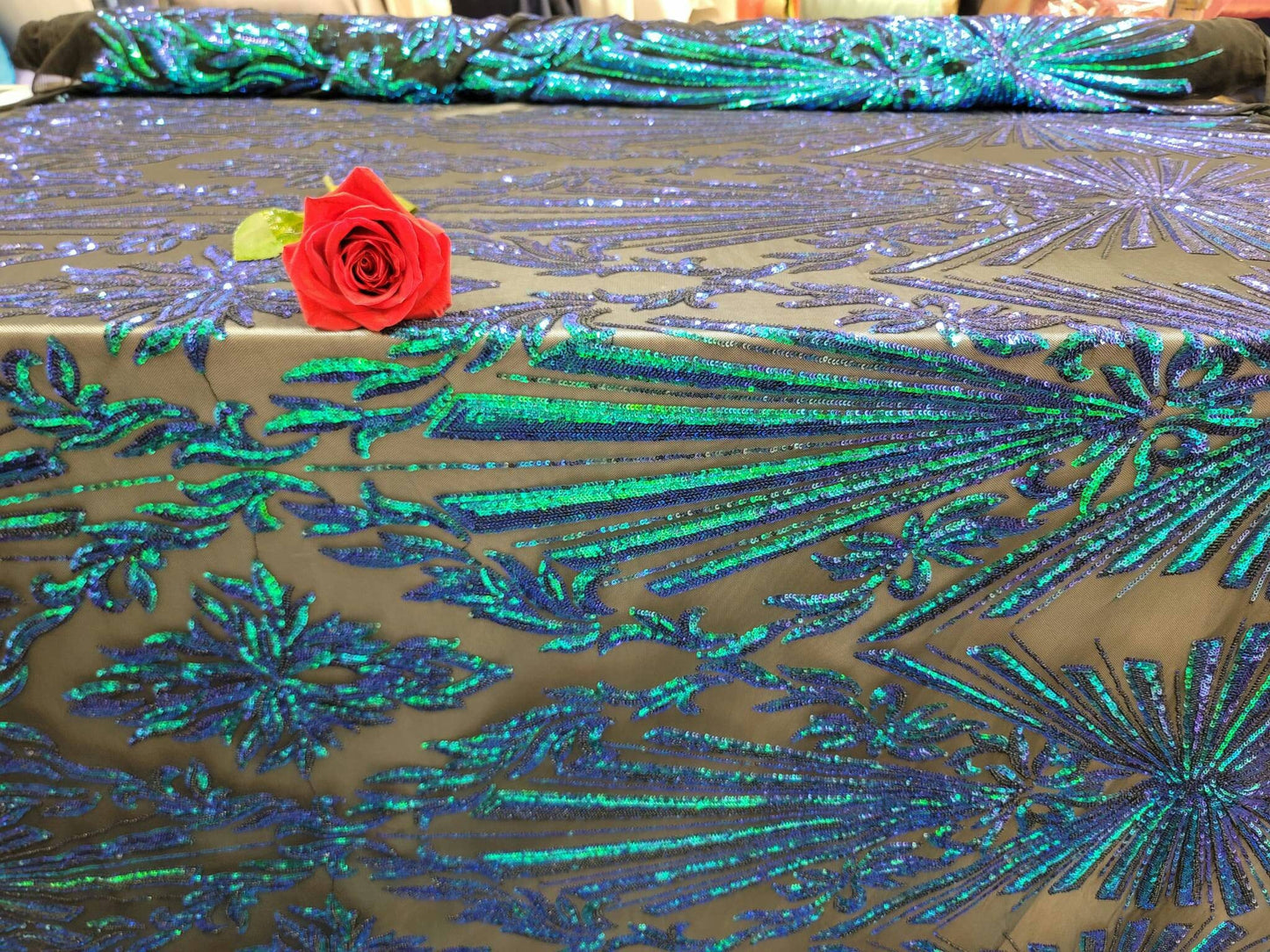 Green Peacock Iridescent Sequin Lace Fabric By The Yard Gown Quinceañera Bridal Mermaid
